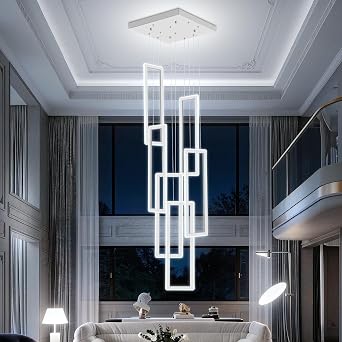 6 Ring Chandelier for High Ceiling Contemporary Large Led Ring Pendant Light for Staircase Villa Silver Rectangle Chandelier