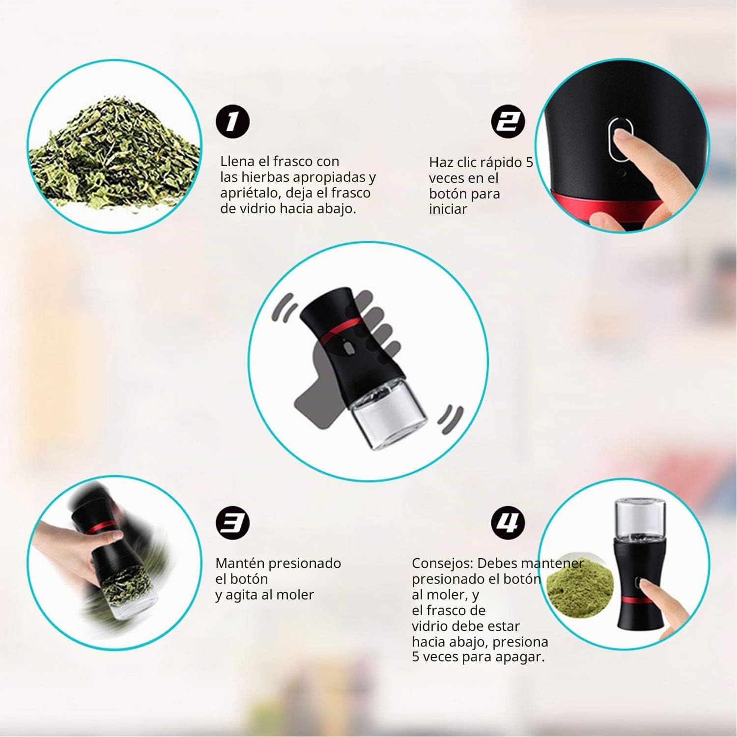 Molinillo eléctrico de hierbas de 1100 mAh, molinillo de especias de