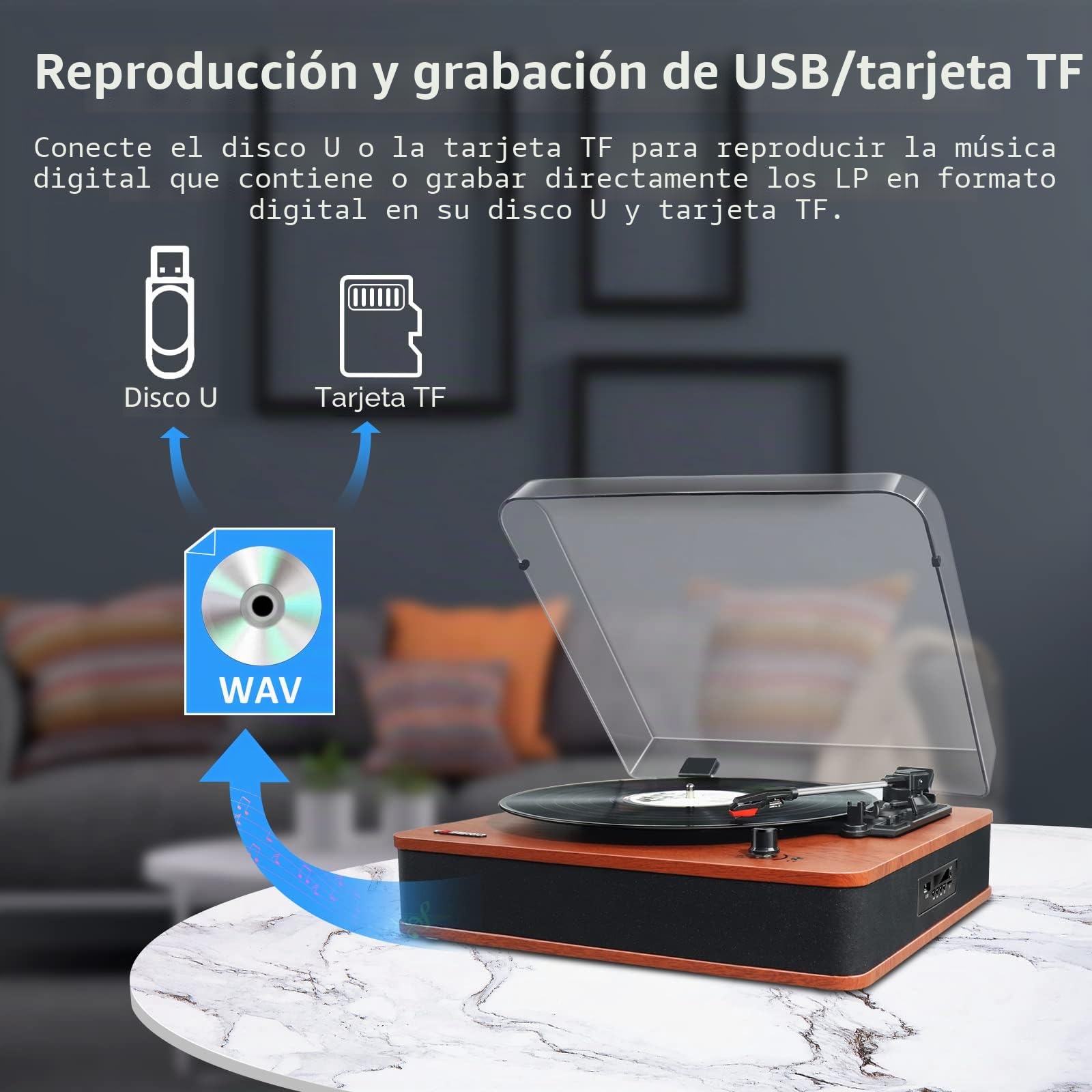 VOSTERIO Tocadiscos de Vinilo de 3 Velocidades con Altavoces estéreo, Vintage Giradiscos Bluetooth, RCA, USB y Lector de para Convertir Discos de Vinilo a Archivos Digitales, Acabado en Madera