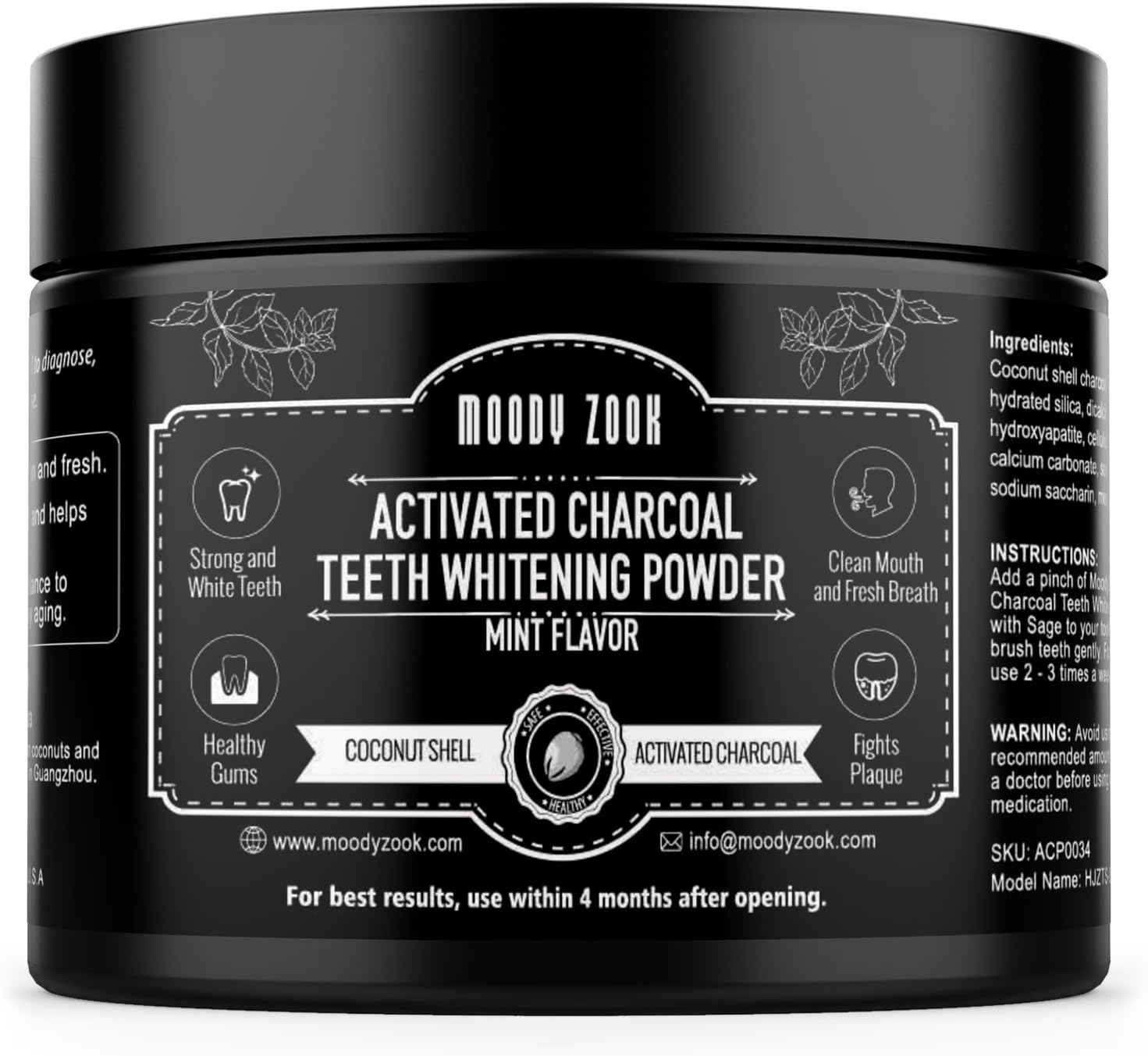 Moody Zook Charcoal Teeth Whitening Powder, 2.7 oz Organic Charcoal Toothpaste with Mint Flavor, Natural Activated Charcoal Powder made from Coconut shell
