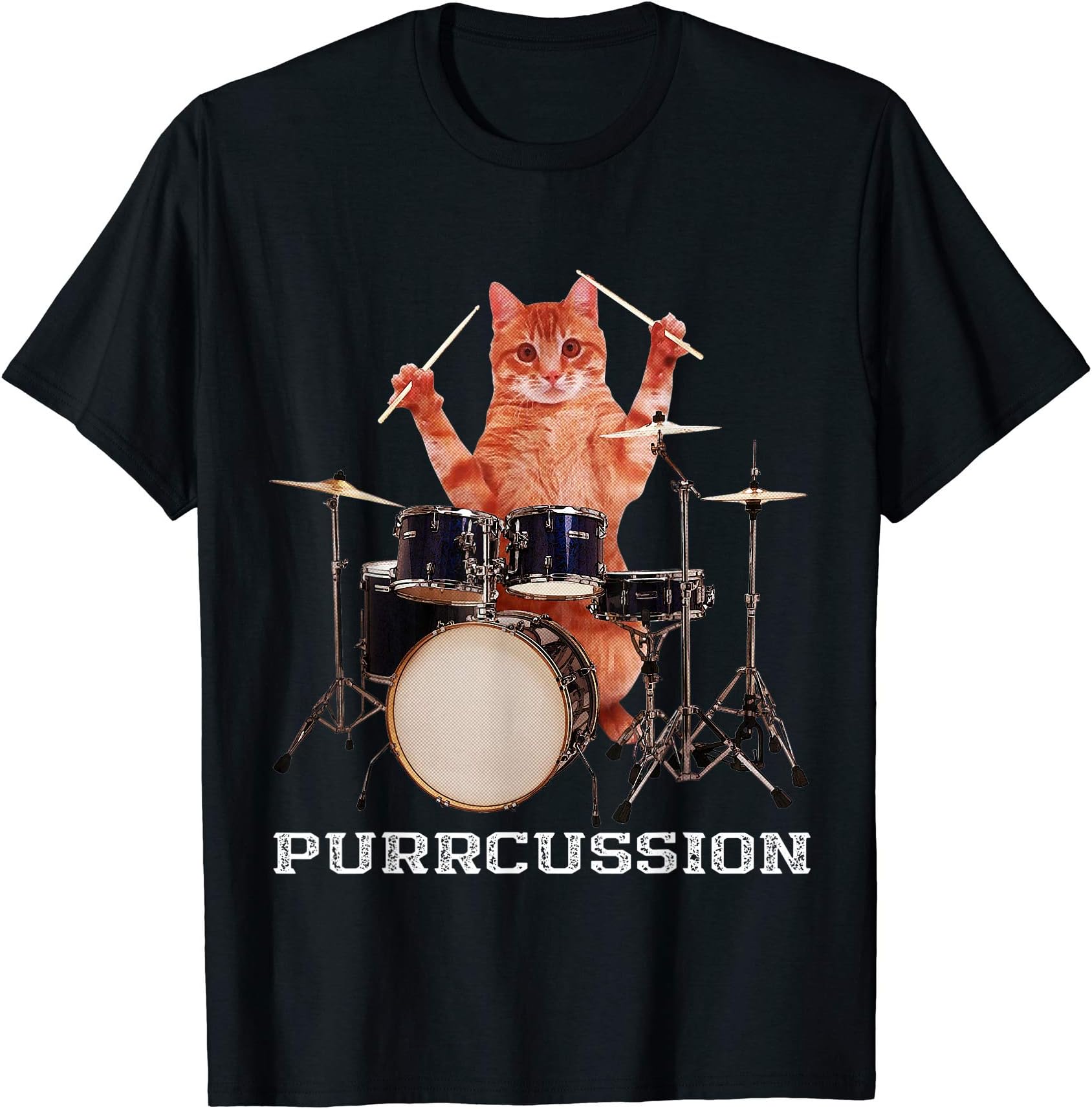 Funny Feline Musicians Shirts & GiftsPurrcussion - Funny Cat Drummer On Drum Set Percussion Pun T-ShirtOEKO-TEX STANDARD 100