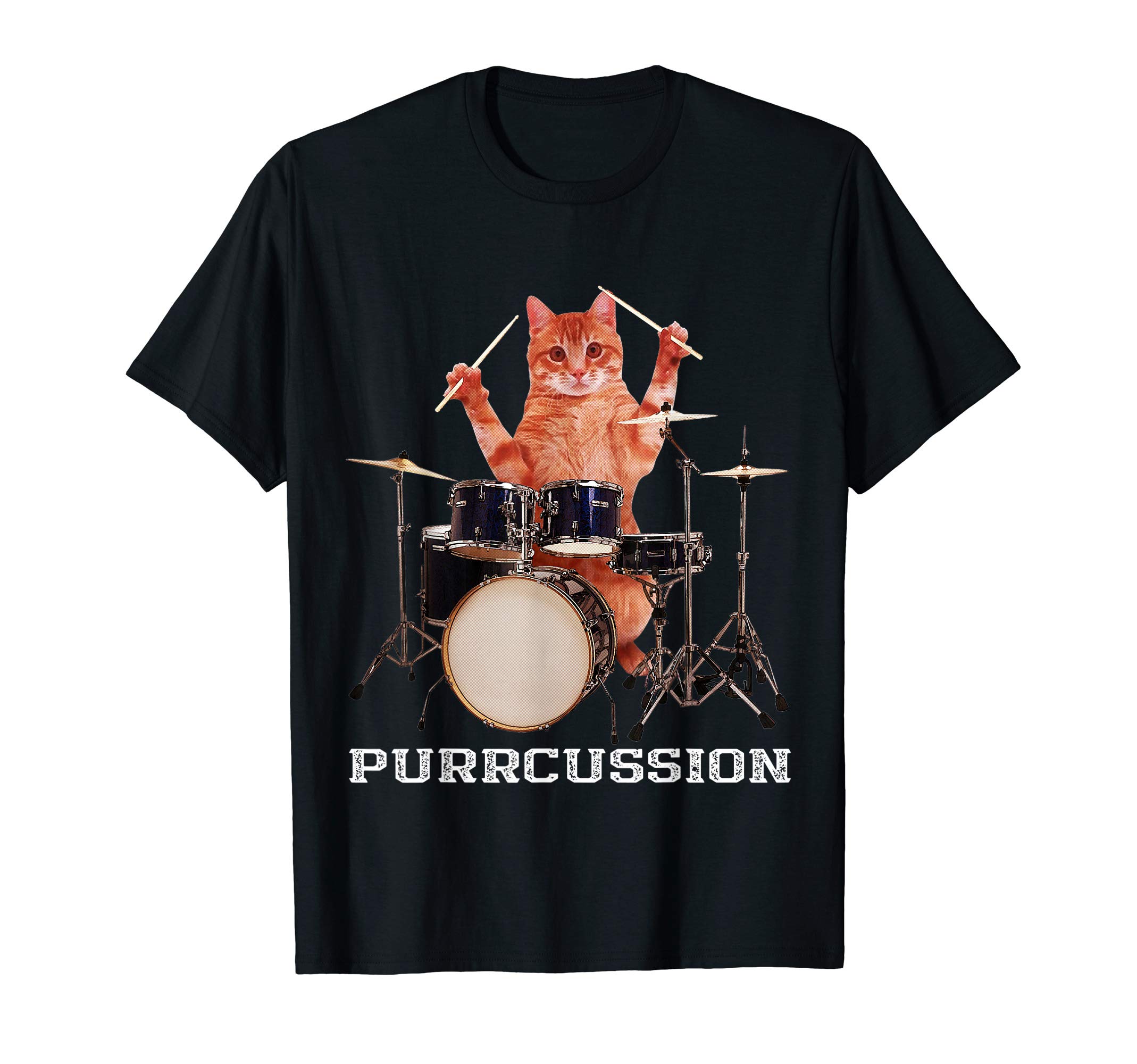 Funny Feline Musicians Shirts & GiftsPurrcussion - Funny Cat Drummer On Drum Set Percussion Pun T-ShirtOEKO-TEX STANDARD 100