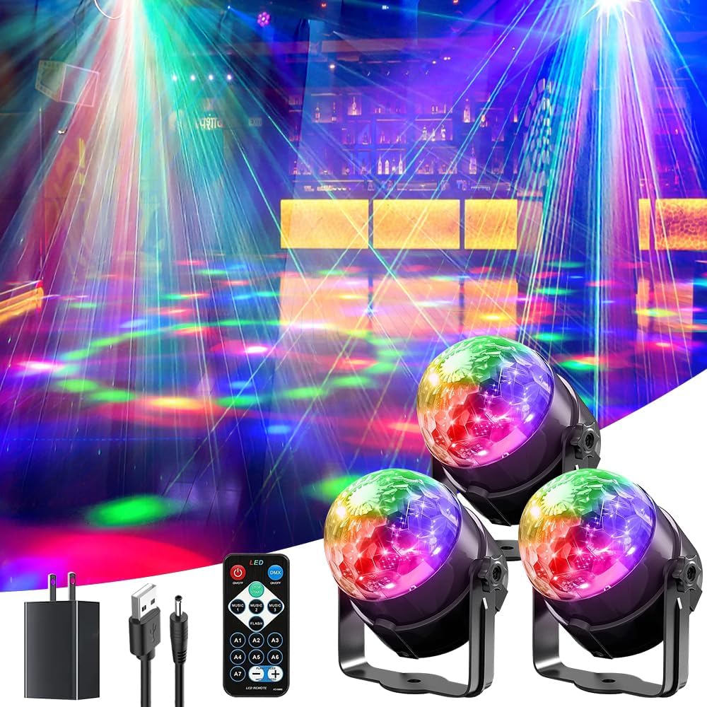 3-Pack Disco Ball Light Sound Activated Party Lights with Remote Control Dj Lighting, Dancing Lights Effect, Strobe Lamp for Parties Supplies Birthday Christmas Bar KTV Decorations
