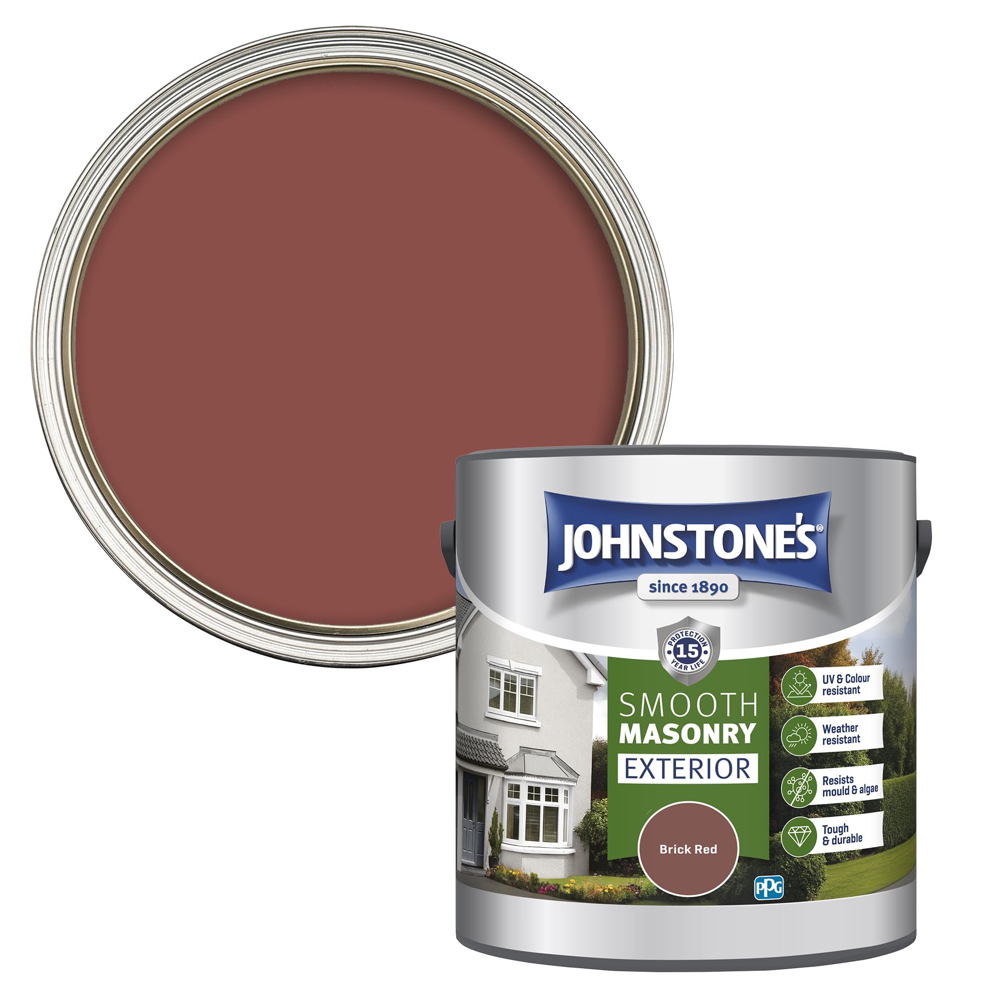 Johnstone's Brick Red Johnstone’s – Exterior Smooth Masonry Paint – – Up To 15 Years Protection – Weather & Dirt Resistant – 30M² Coverage Per Tin - Dry In 1-2 Hours – 2.5 L