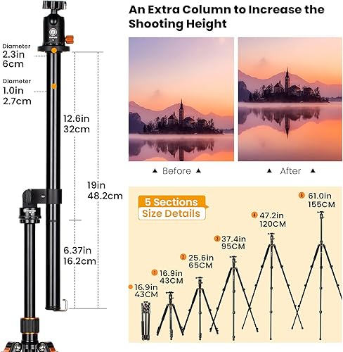 Miniatura 4 de TARION Mochila para cámara + trípode con columna central  Mochila extra grande para cámara de senderismo + trípode para cámara de 61 pulgadas con