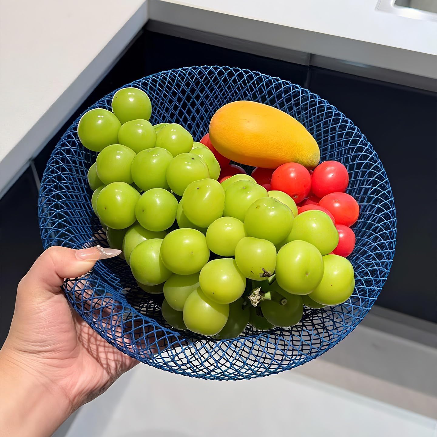Nest Fruit Bowl with Drainer - Modern Home Decor, Creative Fruit Basket for Kitchen Counter, Dining Table, Living Room Coffee Table - Stylish Ins Aesthetic Storage & Display (Blue)