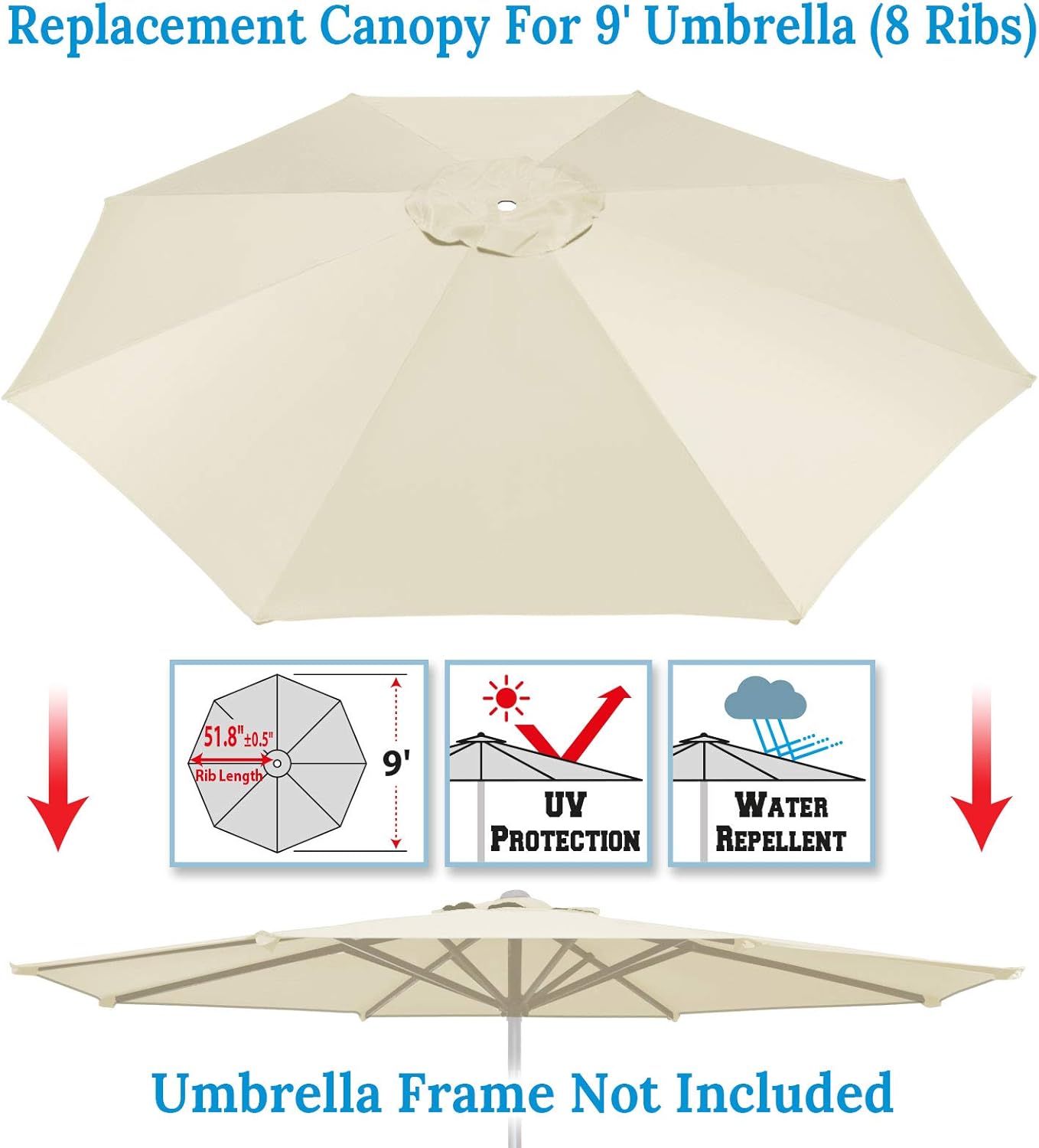 Umbrella Cover Canopy 9ft 8 Rib Patio Replacement Top Outdoor-ECRU