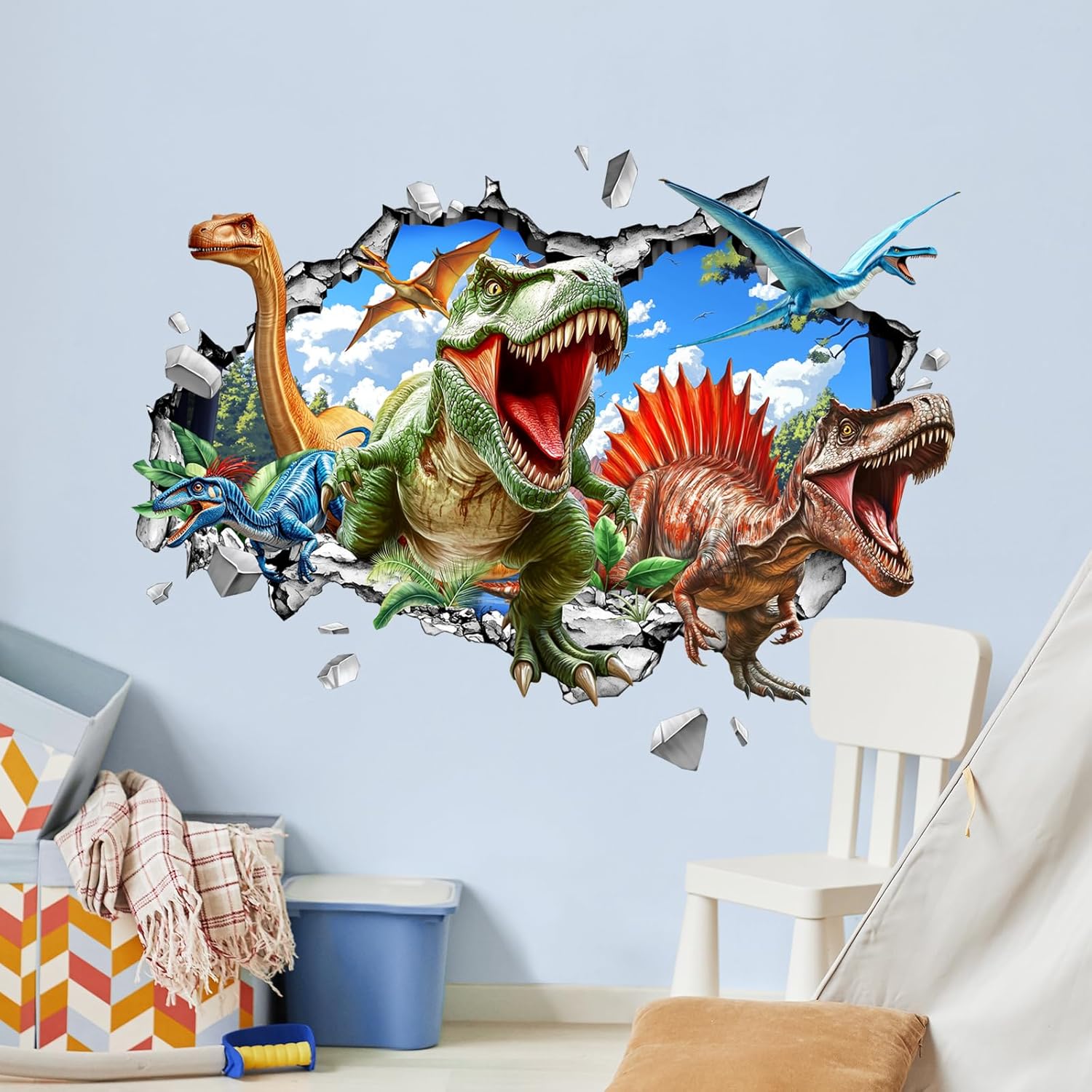 3D Dinosaur Wall Decals, Break Through Dinosaur Park Wall Stickers Peel and Stick Decal Self Adhesive Sticker for Boys Kids Room Home Decor