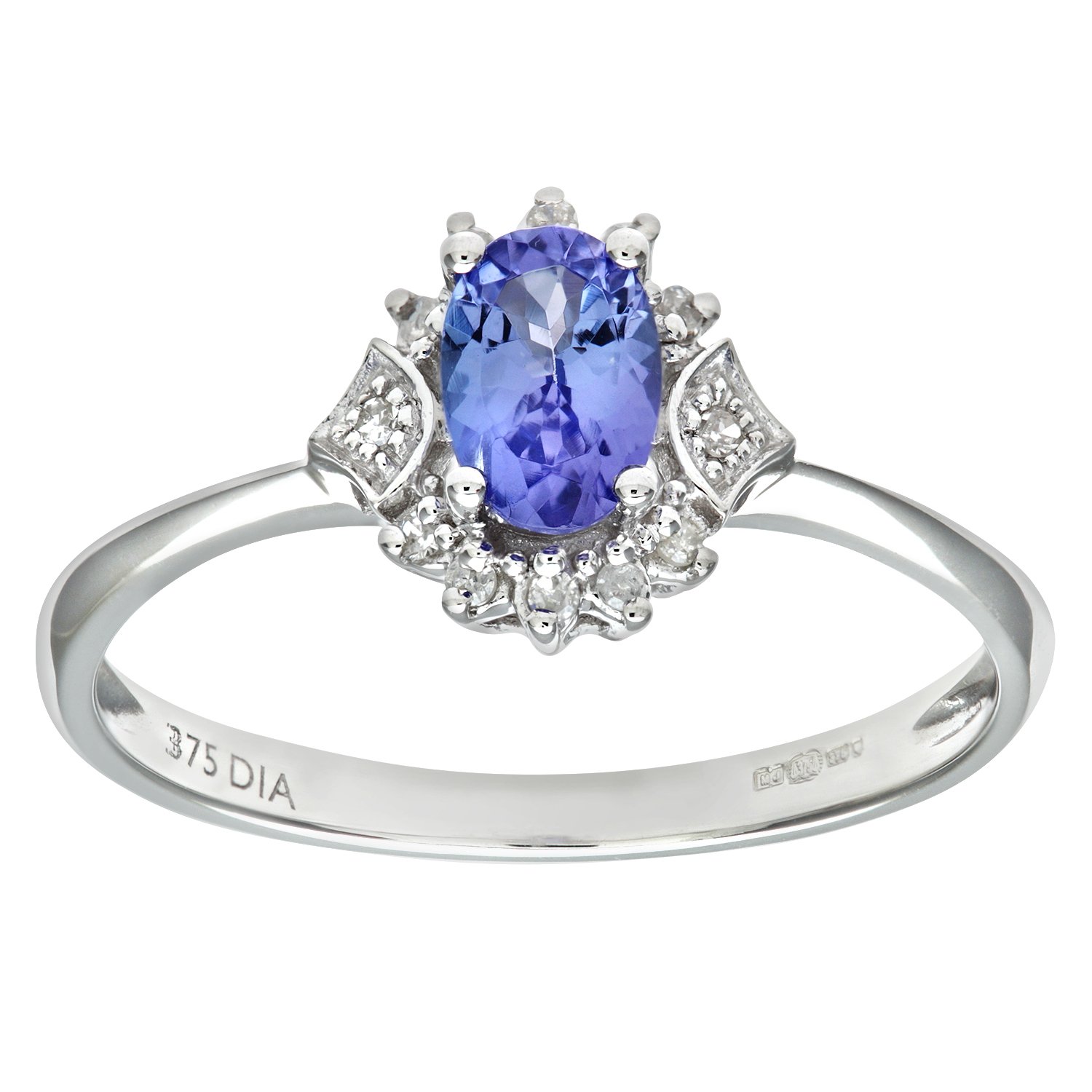 9ct White Gold Oval Tanzanite Cluster Ring with Peak Diamond Set Shoulders