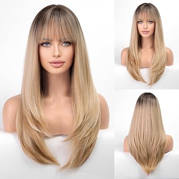HAIRCUBE Long Blonde Wigs for Women Straight Synthetic Layered Wig with Bangs and Dark Roots