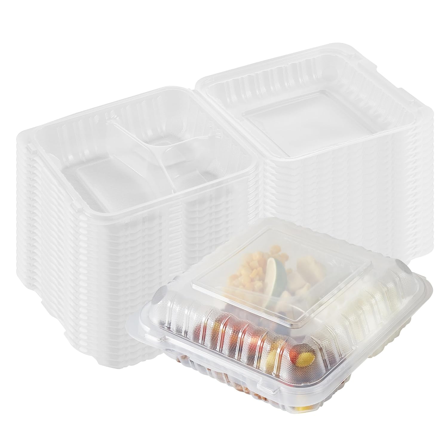 Restaurantware-Chef 101 47 Ounce Clamshell Containers, 100 Disposable Take Out Boxes - 3 Compartments, Secure Lids, Clear Meal Prep Containers, Microwavable, For Pasta Or Salads