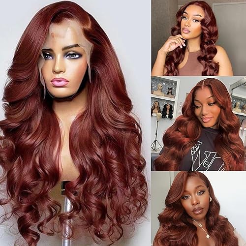 Miniatura 3 de Pelucas de cabello humano con encaje frontal marrón rojizo de 13 x 4 pulgadas, pelucas de cabello humano ondulado con encaje frontal de 180 % de