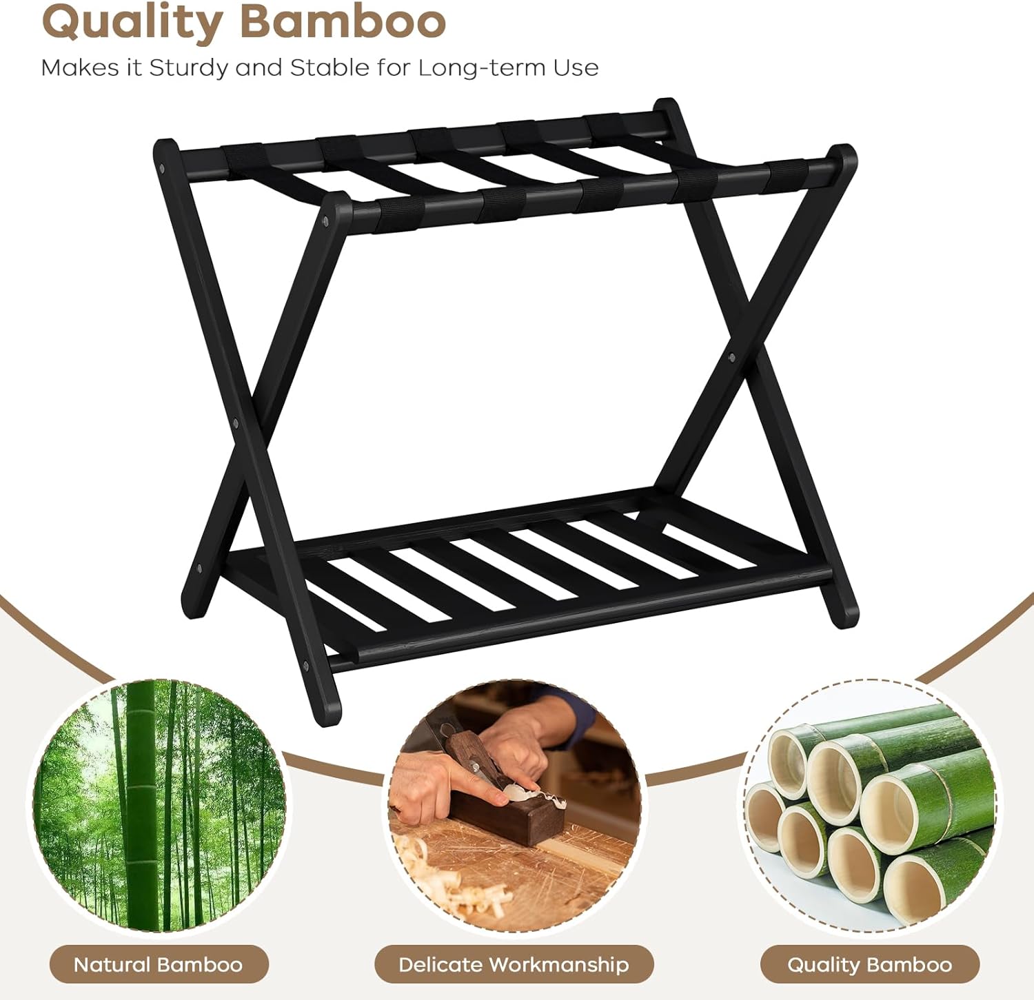 2 Pack Fully Assembled Black Luggage Racks, Bamboo 26.77 Folding Suitcase Stand for Guest Room with 5 Nylon Straps, Heavy Duty, Upgraded Luggage Rack Holder with Shelf for Bedroom Hotel