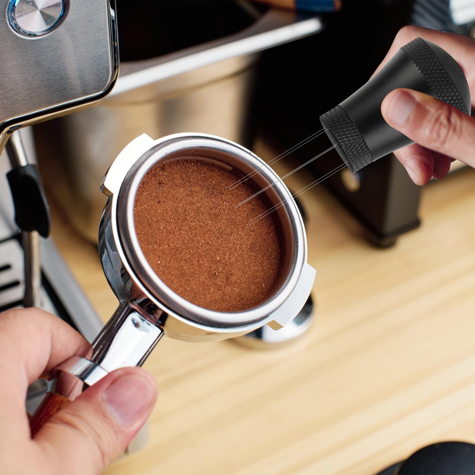 KEWUZY Wdt Tool, Espresso Coffee Distributor, Aluminium Espresso Kaffeerührer für Barista mit Ständer mit 7 0.3mm Dickem Edelstahl, KFBFZ