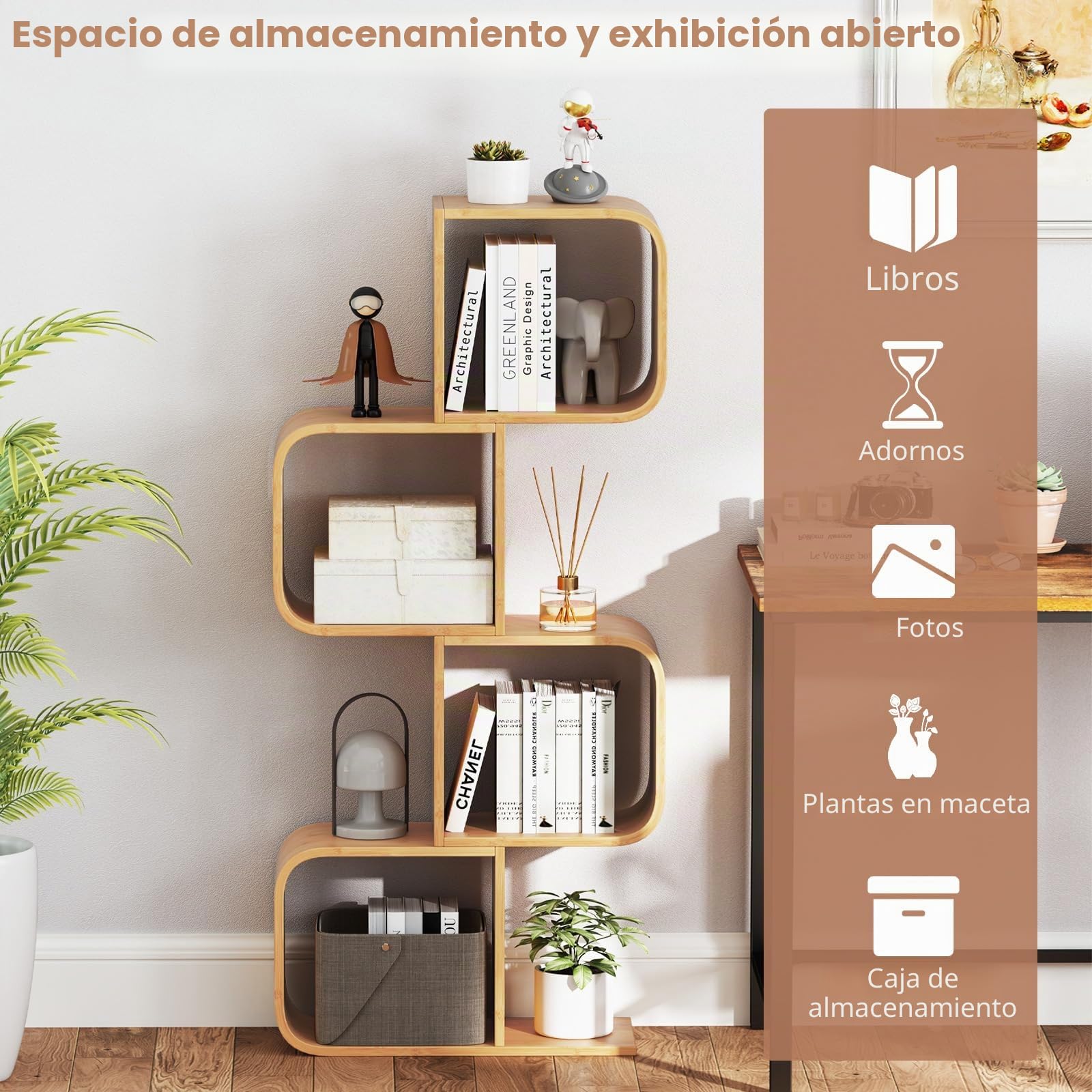 GIANTEX Estantería de Almacenamiento de Bambú con Esquinas Redondeadas, Librería en Forma de S con 4 Cubos Abiertos, 61x23x133,5 cm, Estantería de Exposición para Salón, Dormitorio (4 Niveles)
