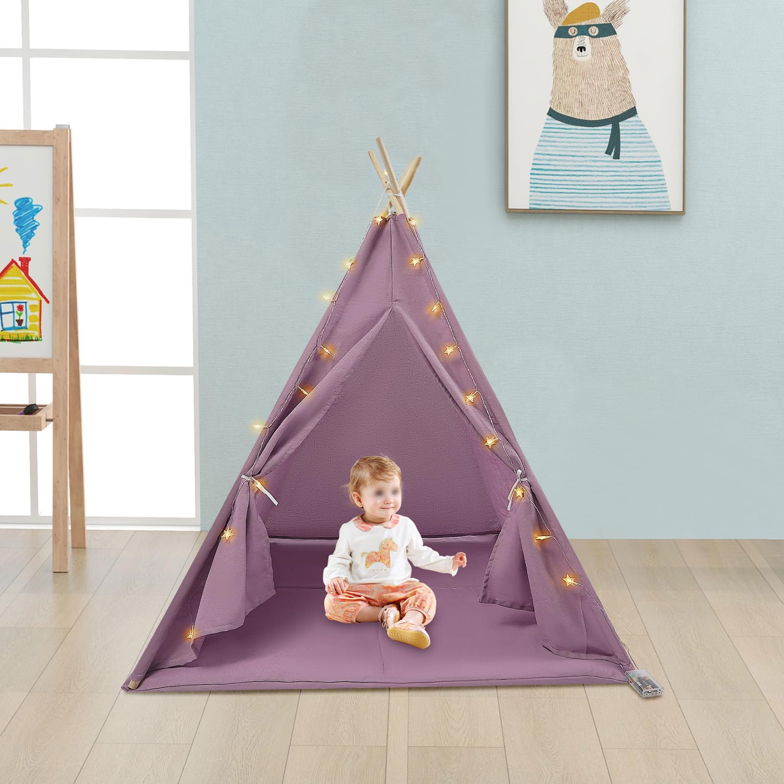 Tipi namiot dziecięcy Tipi namiot do zabawy dla chłopca Tipi Pokój dziecięcy Nowoczesna fioletowa bawełna len, z matą podłogową Girlanda świetlna 3M 120 x 140 cm Namiot z oświetleniem dla 1-3 dzieci