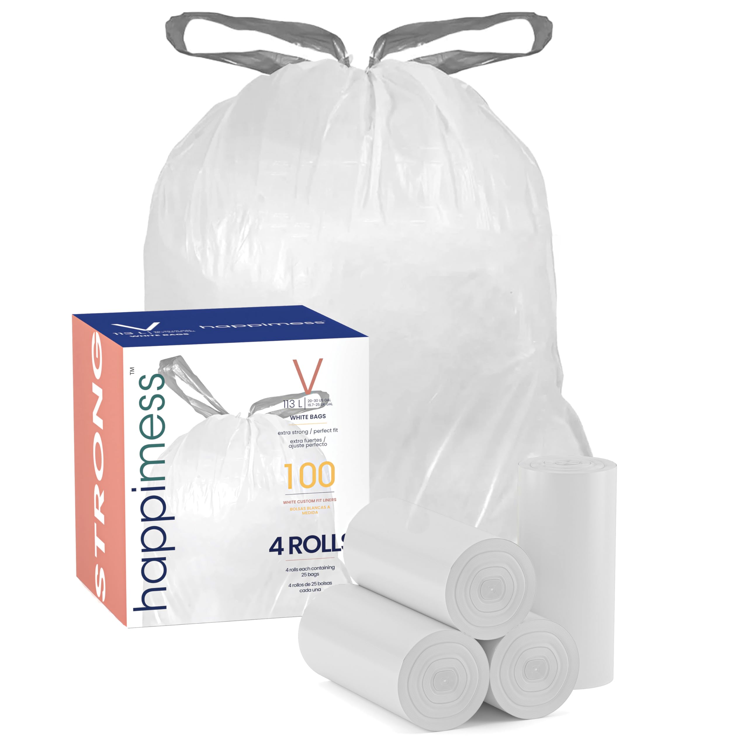 happimess White / 100 Count (Pack of 1) / 30.0 gallons Trash Bags
