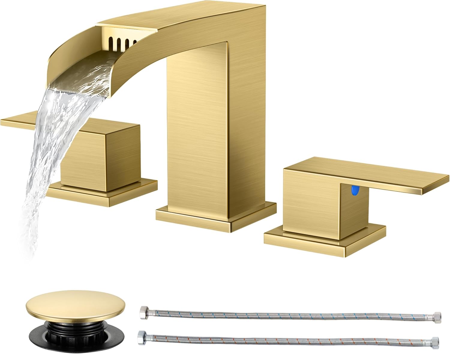 Cobbe Waterfall Bathroom Faucets 3 Hole, Brushed Gold Bathroom Sink Faucet Square 8 Inch Widespread with Pop-Up Drain, 2 Handle and 2 Supply Hoses, Lead-Free Stainless Steel for Vanity Sink Rv