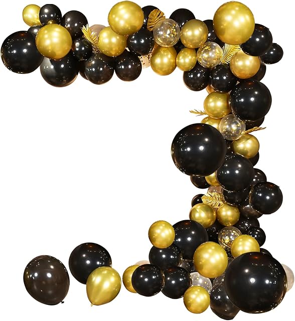 SANERYI Black and Gold Balloons Garland Arch Kit 140pcs Confetti Metallic Latex Helium Balloons Set for Baby Shower Wedding Birthday Graduation New Year Eve Halloween Party Decorations