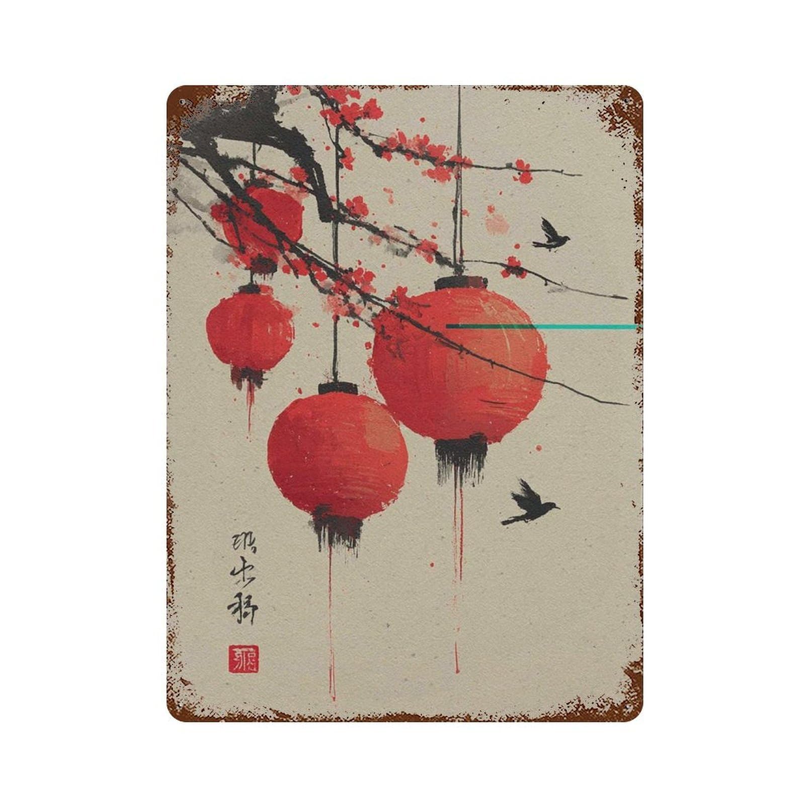 xiaoxiaoshen Red Lantern Chinese Cherry Blossom Asian Ink Painting Oriental Minimalist Zen Wo Wall Decor Art Metal Tin Poster Modern Home Decor Art Home Bar Shop Decorations Vintage Sign 40x30cm