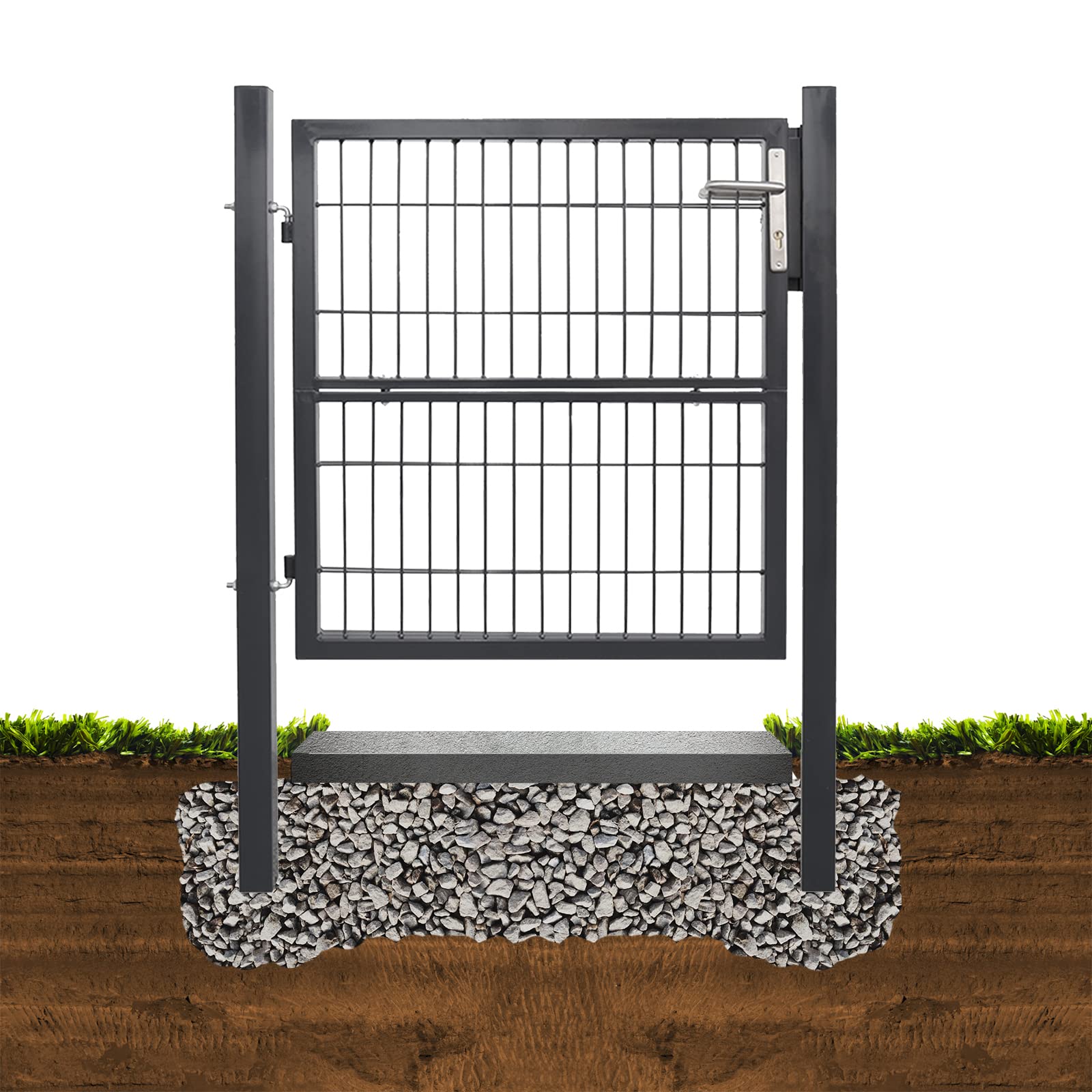 Randaco Puerta de Jardín, 120x100cm de Acero Galvanizado Puerta para Valla, Puerta de patio, Robusta y Duradera, con Cerradura, Manija y 3 Llave, Gris
