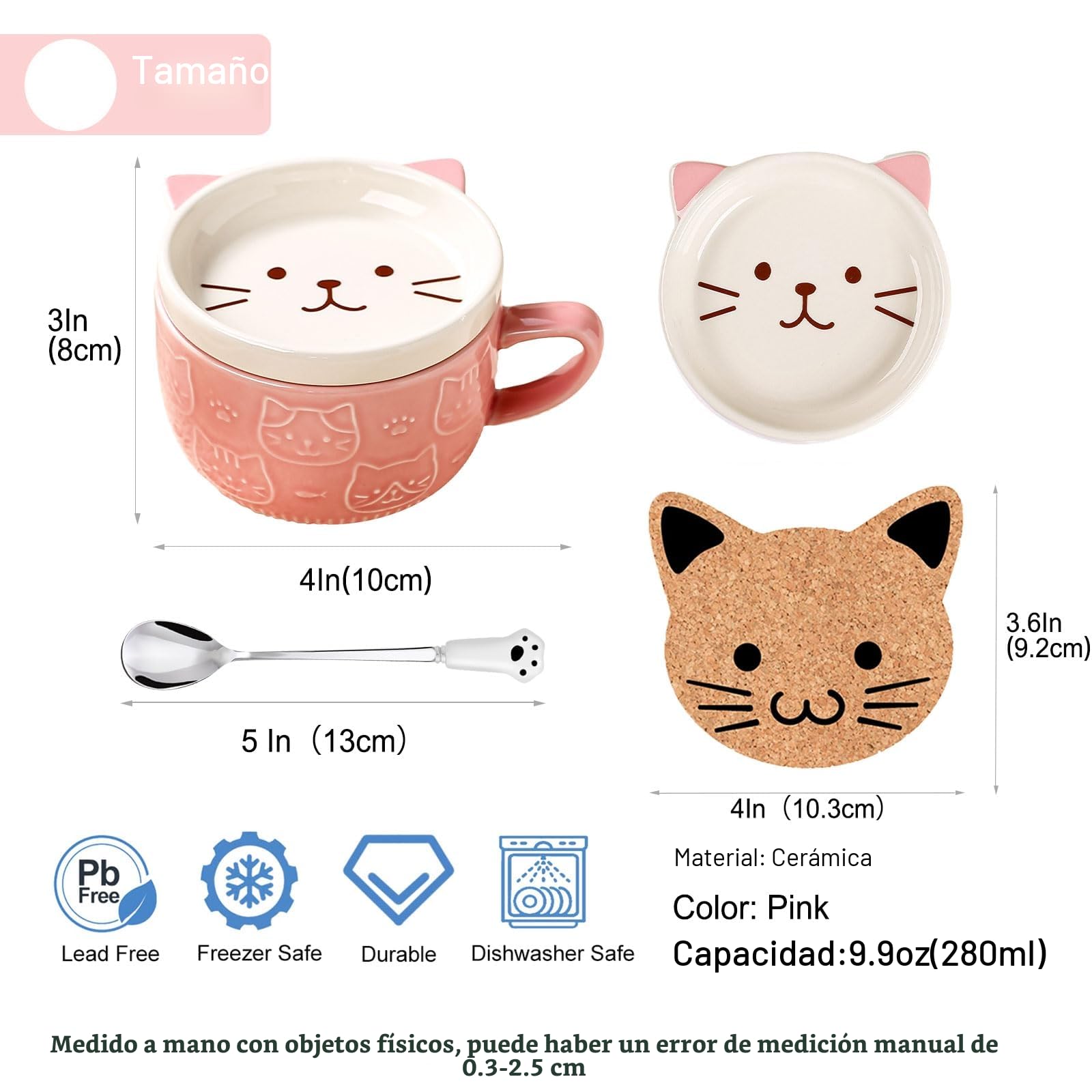 Regalos para mujeres,tazas de café Kawaii de gato rosa con tapas,regalos de cumpleaños de Navidad para niñas,amigos,mamá, taza de té de cerámica de animales novedosos,juego de platillos de postre