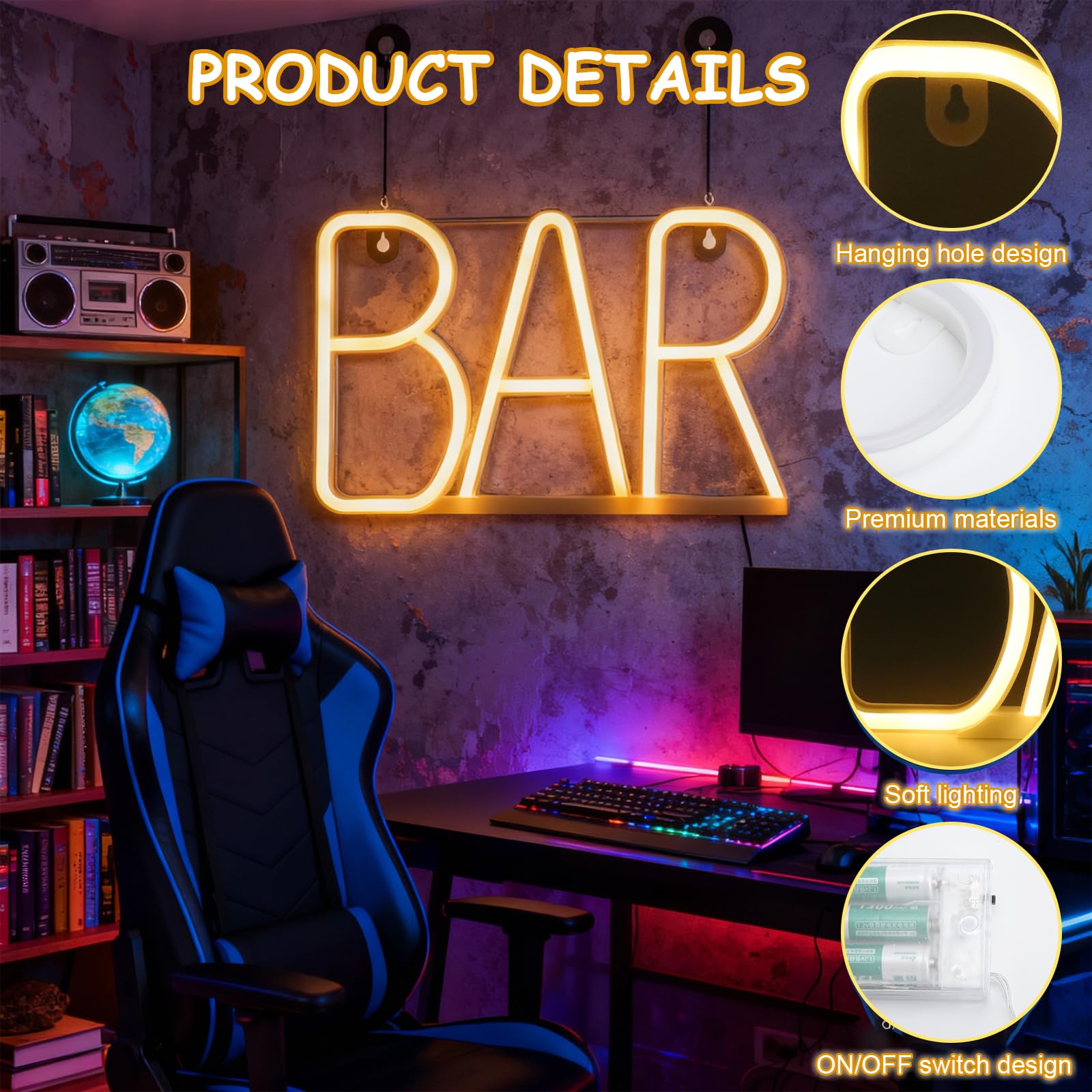 TNSLAND LED Buchstaben BAR Schild, Warmweißes Leuchtschild mit USB & Batteriebetrieb, LED Schild Neonlicht Leuchtschilder Wanddeko, Neonschild für Bar Deko, Partykeller Ausstattung, Theke Bar