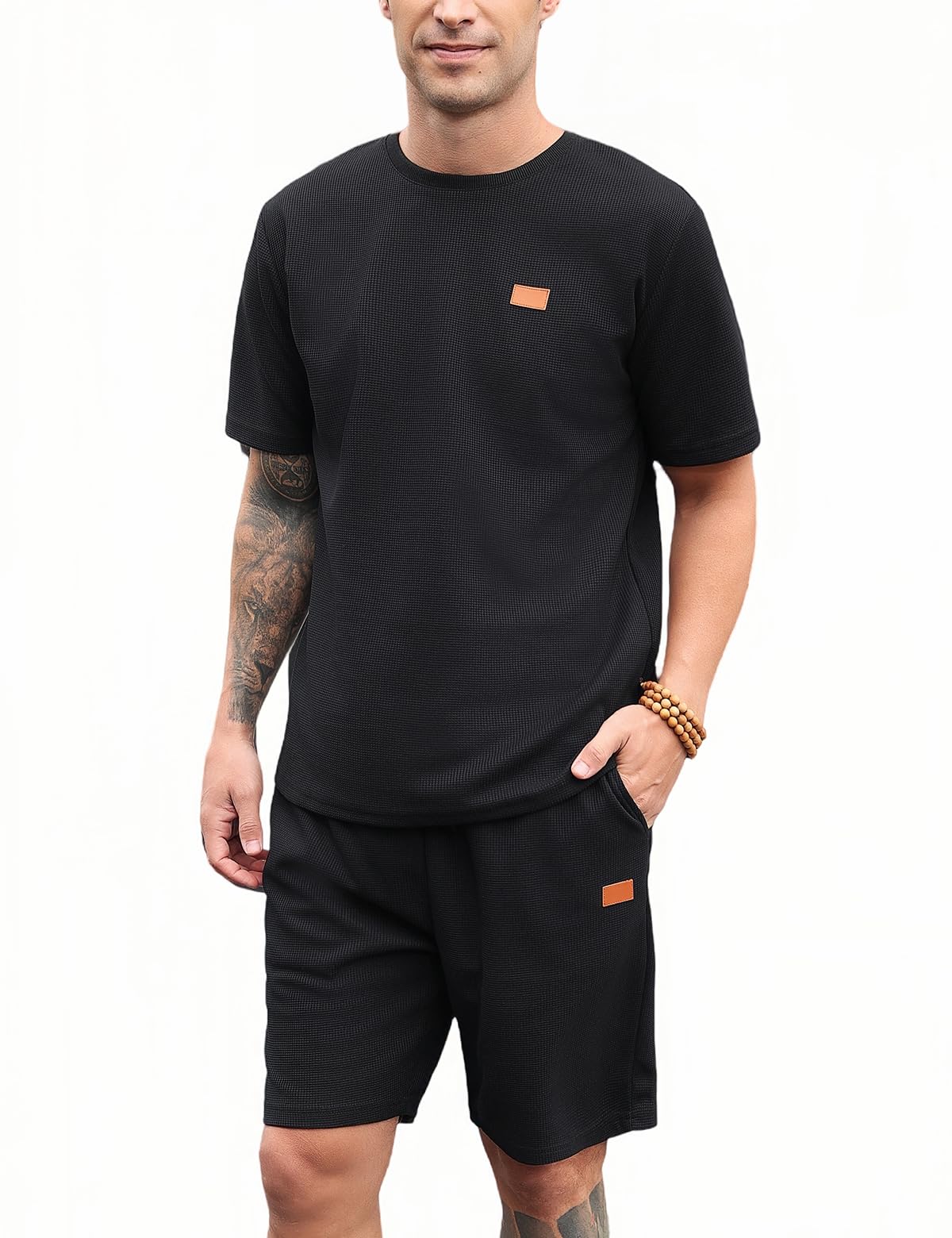 SPKPKEY Herren 2-Teilig Waffelstrick Trainingsanzug Set Kurzarm T-Shirt & Shorts Freizeit Sommer Loungewear Outfit