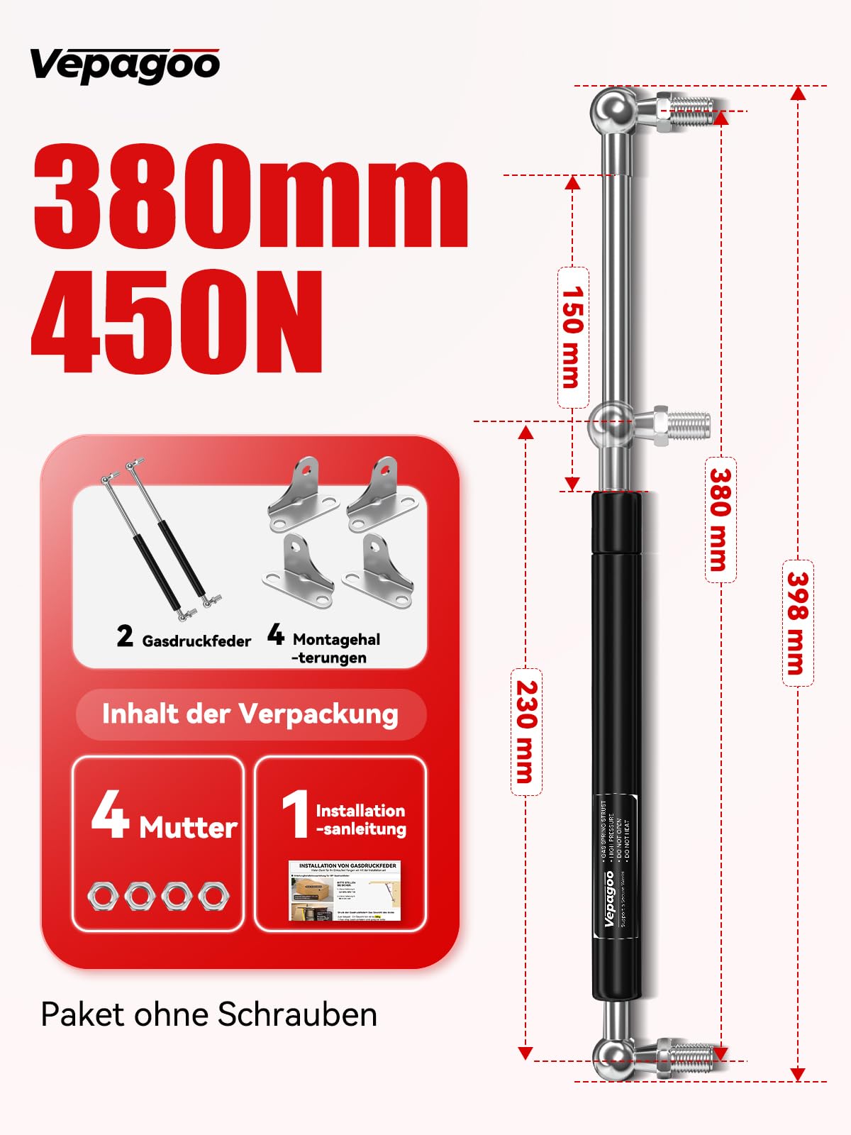 Vepagoo 380MM 450N/45KG Gasdruckfeder, 50CM Universal regelbar Schwerlast L-Typ Gasdruckdämpfer Hydraulisch Gasfeder für Bett Tür Deckel Schuppen Fenster und andere individuelle Anwendungen, 2er