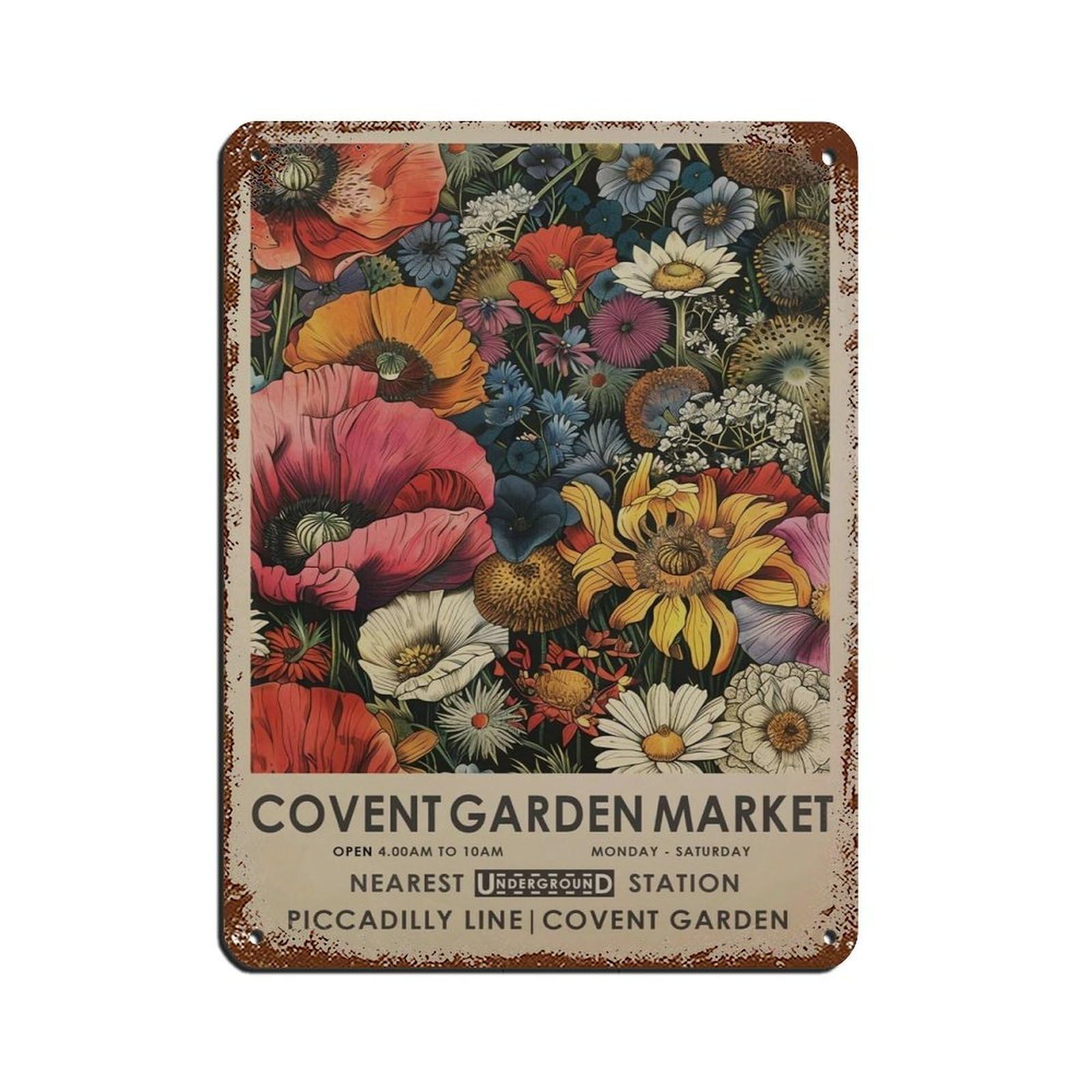 Covent Garden Flower Market, Bright Vintage Tin Sign Vintage Metal Pub Club Cafe Bar Home Wall Art Decoration Poster Retro 12x16inch(30x40cm)