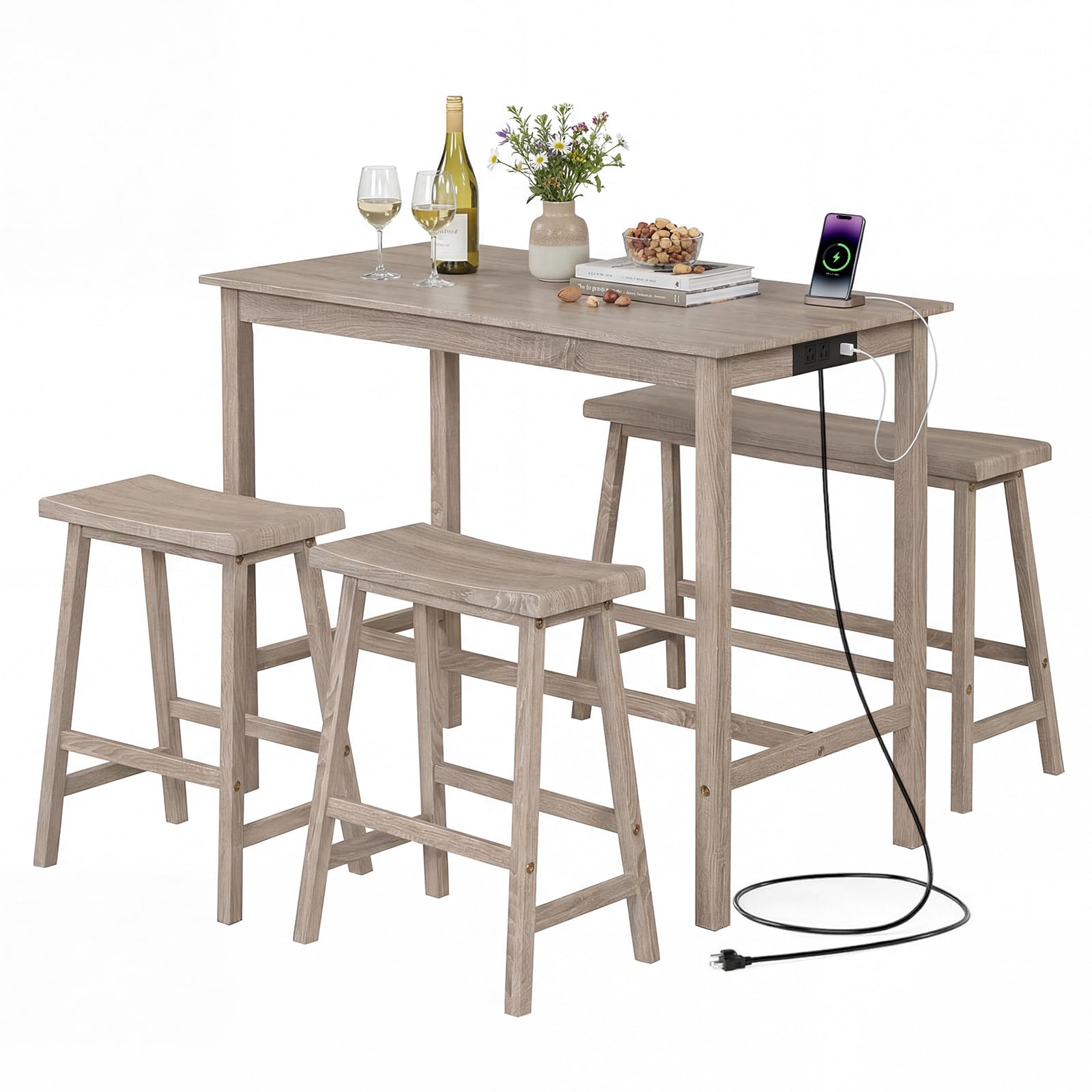 GIANTEX 4-Piece Counter Height Dining Table Set with Power Outlet