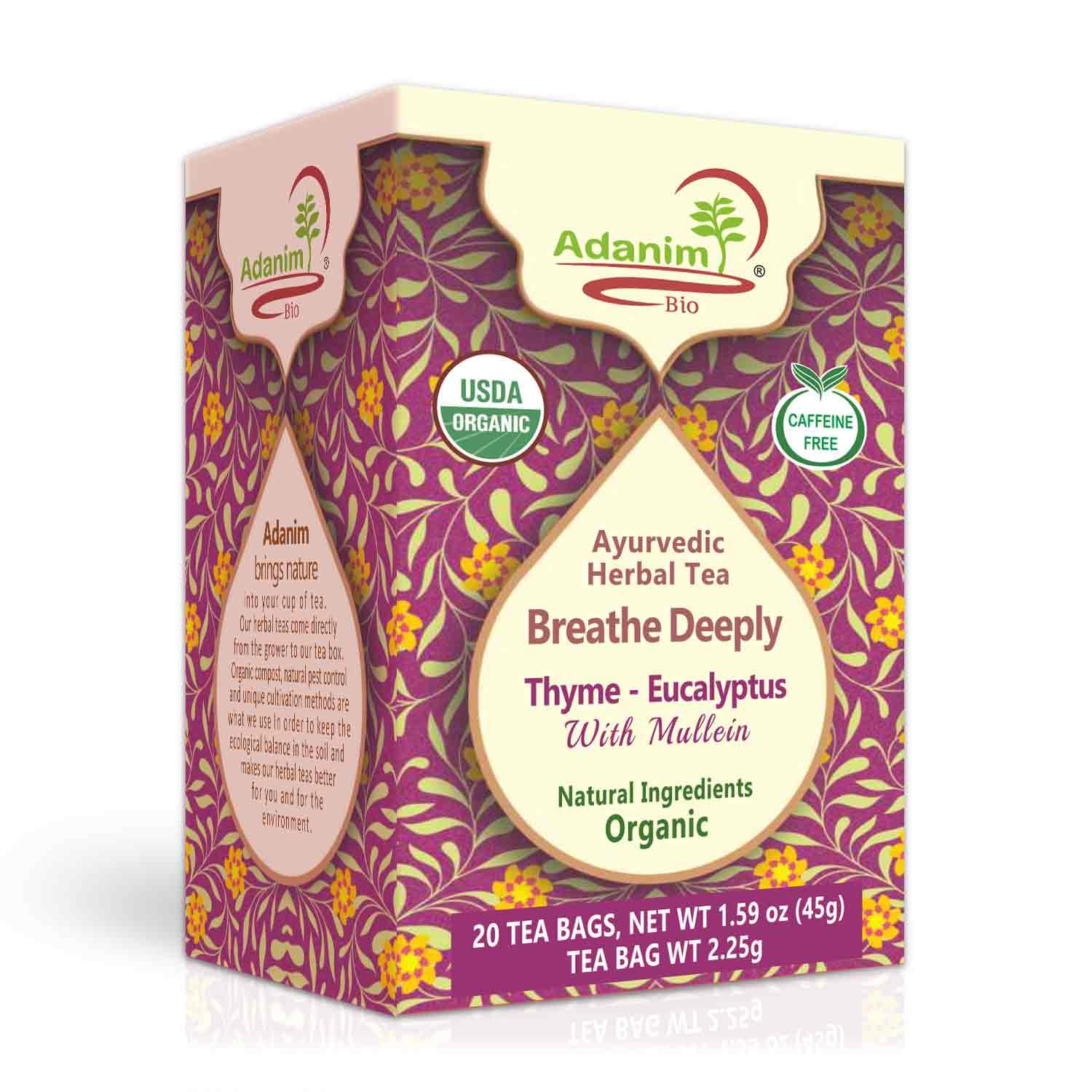 Adanim Bio Ayurvedic Herbal Tea Breathe Deeply Thyme Eucalyptus Mullein Tea USDA Organic Antioxidant Rich Healthy Herbal Tea Wellness 20 Tea Bags Naturally Caffeine-Free