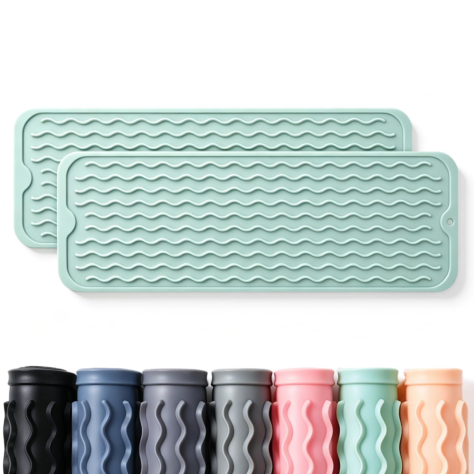 2 Pack Caketime Silicone Dish Drying Mat for Kitchen Counter Under Bathroom Sink Near Faucet Absorbent for Dishes Water Heat Resistant Pad with Soap Holder Decor essentials 17inchx6inch Green