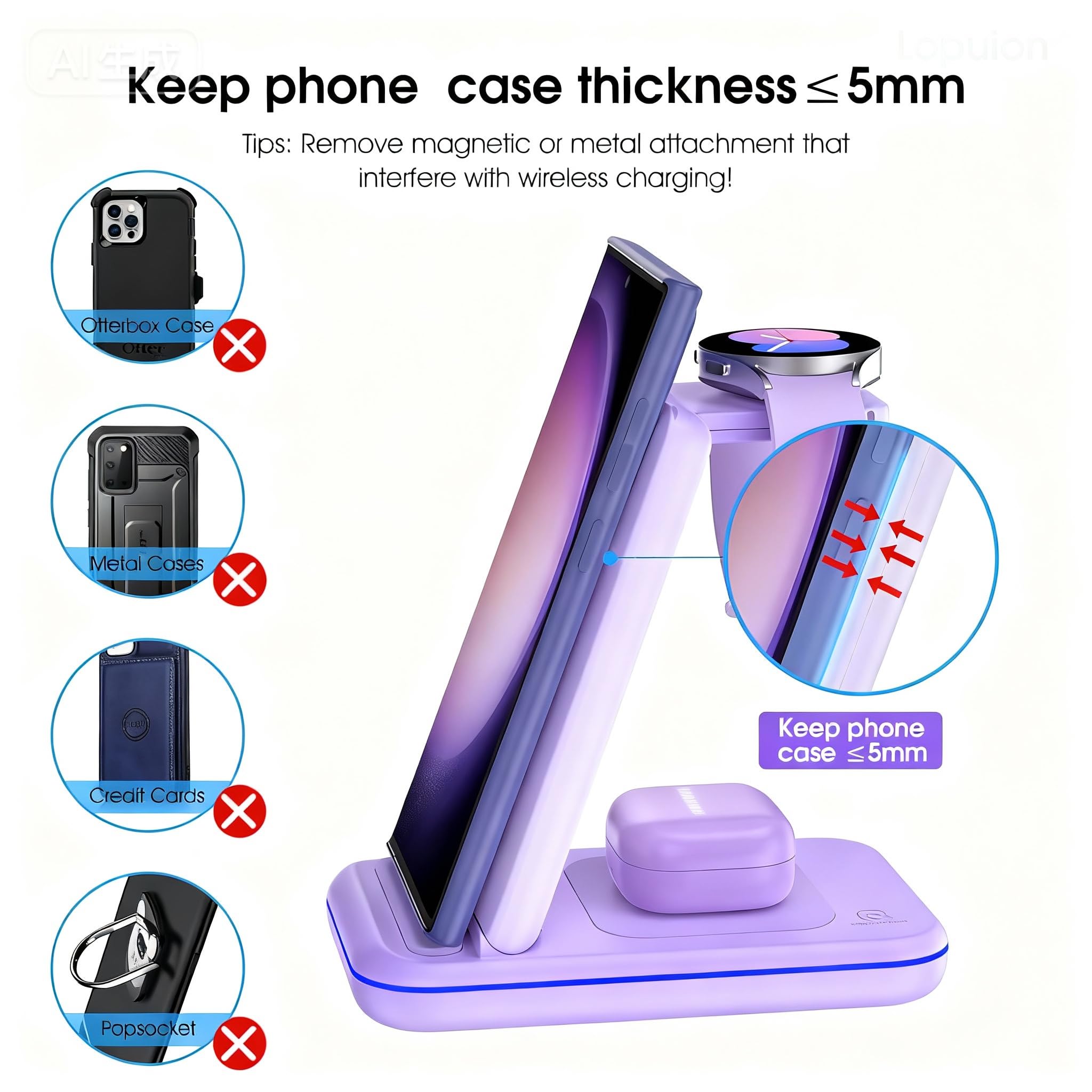 Station de charge sans fil pour Samsung/Android, station de charge rapide sans fil compatible avec Samsung Galaxy S26 Ultra/S25/S24+/Z Flip 7/6 Fold 7/6, Watch8/7/Pro/Active 2 Galaxy Buds3/2 Pro