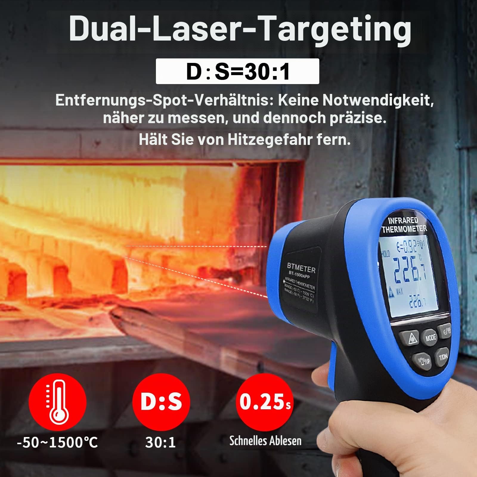 BTMETER Infrarot-Thermometer mit Bluetooth, 30:1 Dual-Laser Pyrometer, -50 °C ~1500 °C Kontaktloses Infrarotthermometer, Einstellbarer Emissionsgrad(nicht für Menschen)