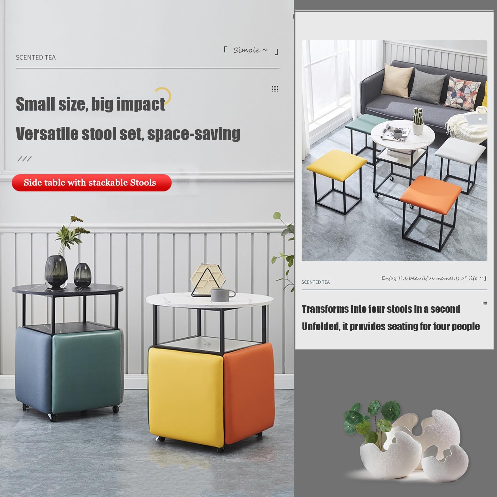 Wkładany stolik kawowy Ottoman, 5 w 1 Wkładany fotel Ottoman, kółka, składane siedzisko w kształcie kostki z obrotowymi kółkami, składane siedzisko pufa, składane siedzisko sofy, składany st