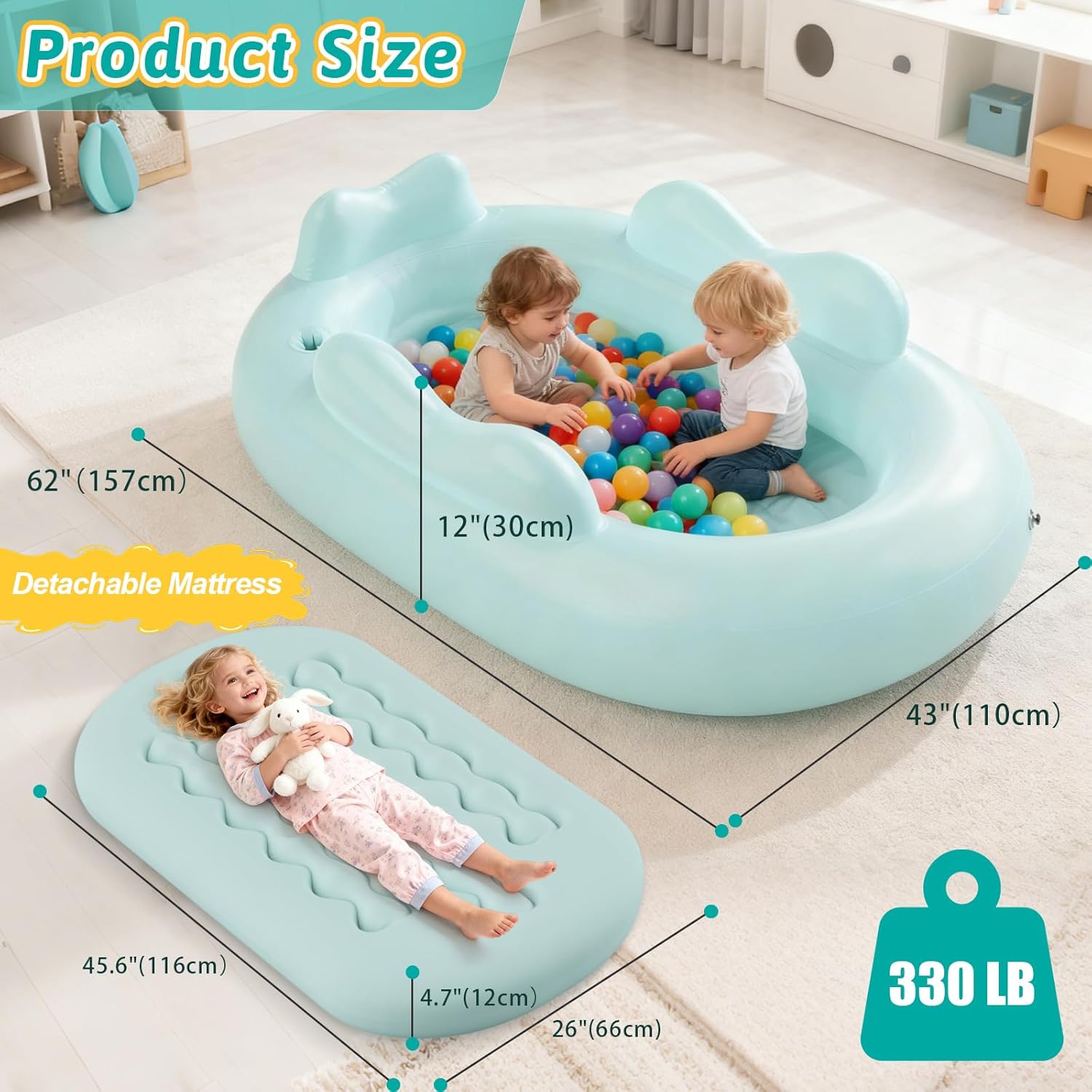 Inflatable Toddler Travel Bed Kids Air Mattress with Safety Sides Portable Blow Up Mattress with Bumpers & Pump for Camping, Travel, Home-Green 60 Inch