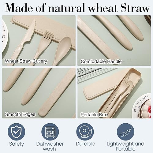 Vista 17 de Yahenda Juego de 28 utensilios de viaje reutilizables con estuche, cubiertos de paja de trigo, cuchara, cuchillo, tenedor, vajilla, fiambrera