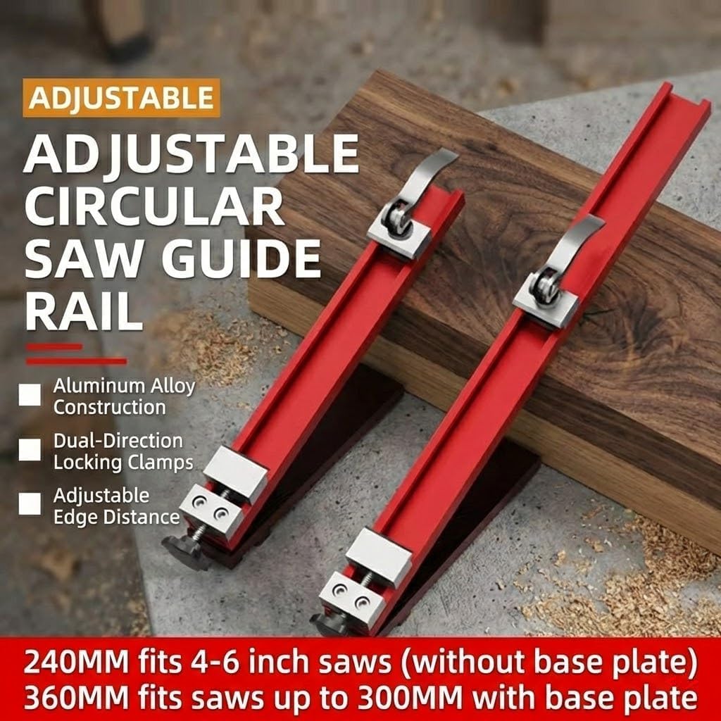 Adjustable Circular Saw Guide Rail - Aluminum Rip Fence & Straight Edge Guide for 4-5" Saws - Tool-Free Precision Cutting Track Attachment Kit with Steel Ruler & Safety Gloves