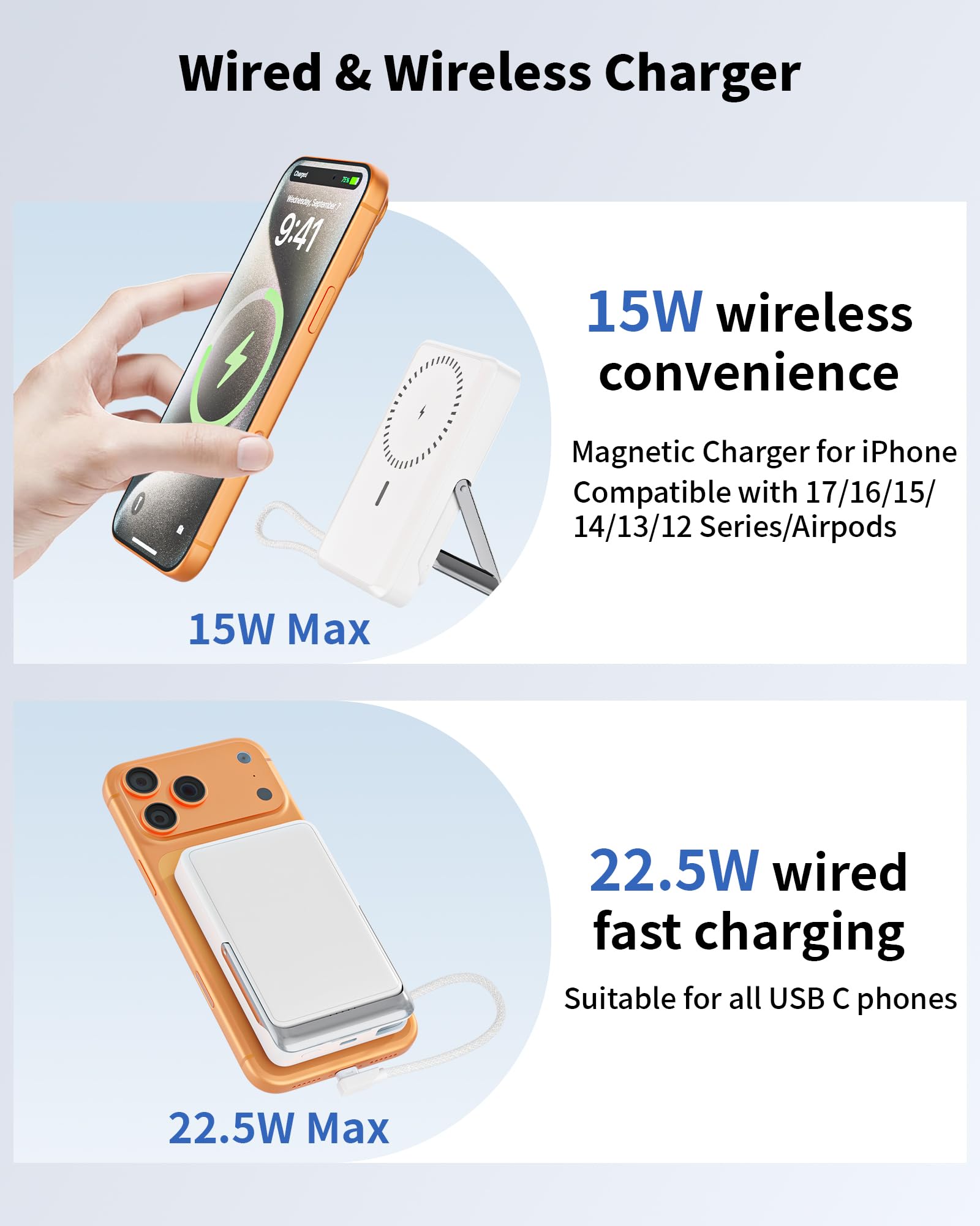 Magnetic Power Bank Wireless Portable Charger, 10000mAH Power Bank for Magsafe Battery Pack with Foldable Stand Built-in USB C Cable, 22.5W Fast Charging Travel Essential for iPhone 17 16 15 14 13 12 — view 3