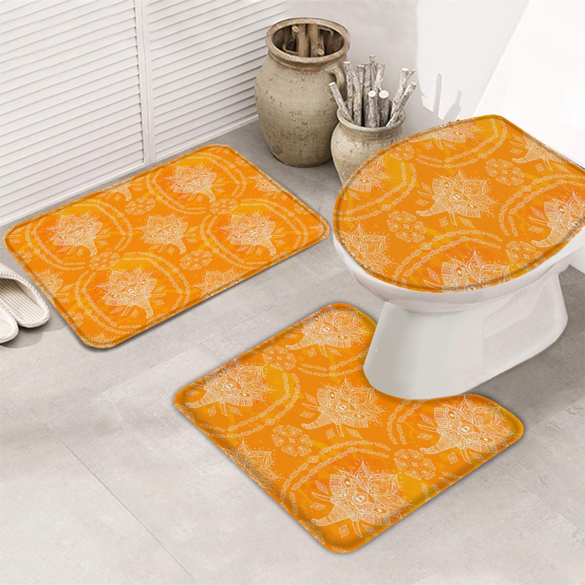 Queenker 3 Pieces Bath Rug Set Toilet Seat Cover Orange African Elephant Art Drawing Print Contour Rug, Pedestal Mat and Toilet Lid Cover?Non-Slip Bathroom Floor Mat 20''x31''+16''x18''+16''x20''
