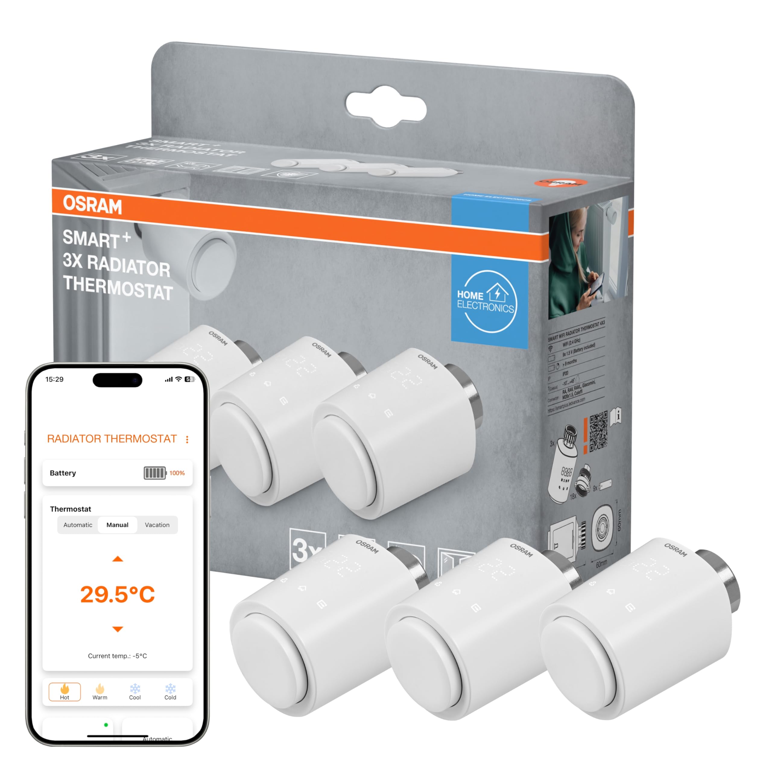 Osram Smart+ WiFi Termostato per termosifone, IP20, plastica, bianco, confezione da 3 | SMART+ - Termostato per radiatore WIFI in plastica, bianco, 3 pezzi