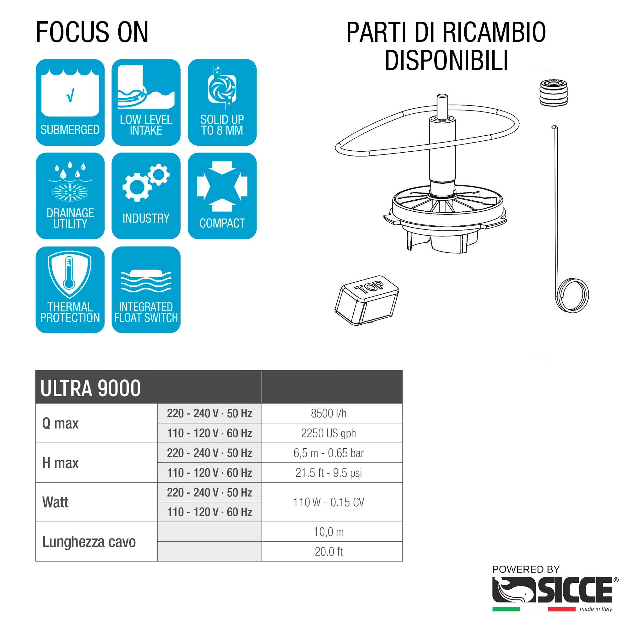 SICCE ULTRA 9000 Pompa Immersione, svuota piscine e pozzetti, AUTOMATICA con galleggiante10m 3P EU