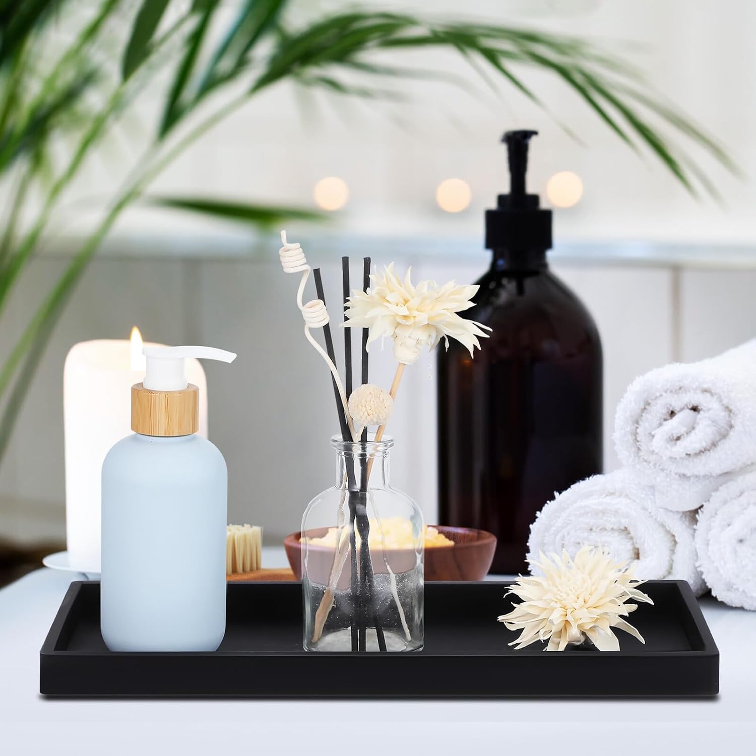 BESPORTBLE Silicone Bathroom Vanity Tray Set, 2pcs Black Small Organizer Trays for Countertop, Soap Dispenser, Perfume, Candle Holder, Dresser and Kitchen Sink Storage