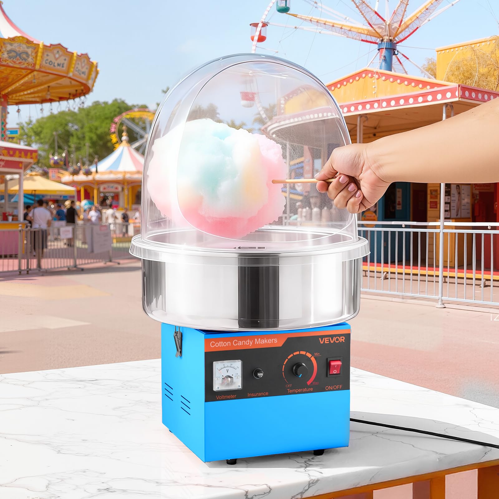 VEVOR Máquina Eléctrica de Algodón de Azúcar 1000 W, Máquina para Hacer Algodón de Azúcar con Tapa, Recipiente de Acero Inoxidable y Cuchara para Azúcar, para Carnavales, Cumpleaños, Fiestas, Azul