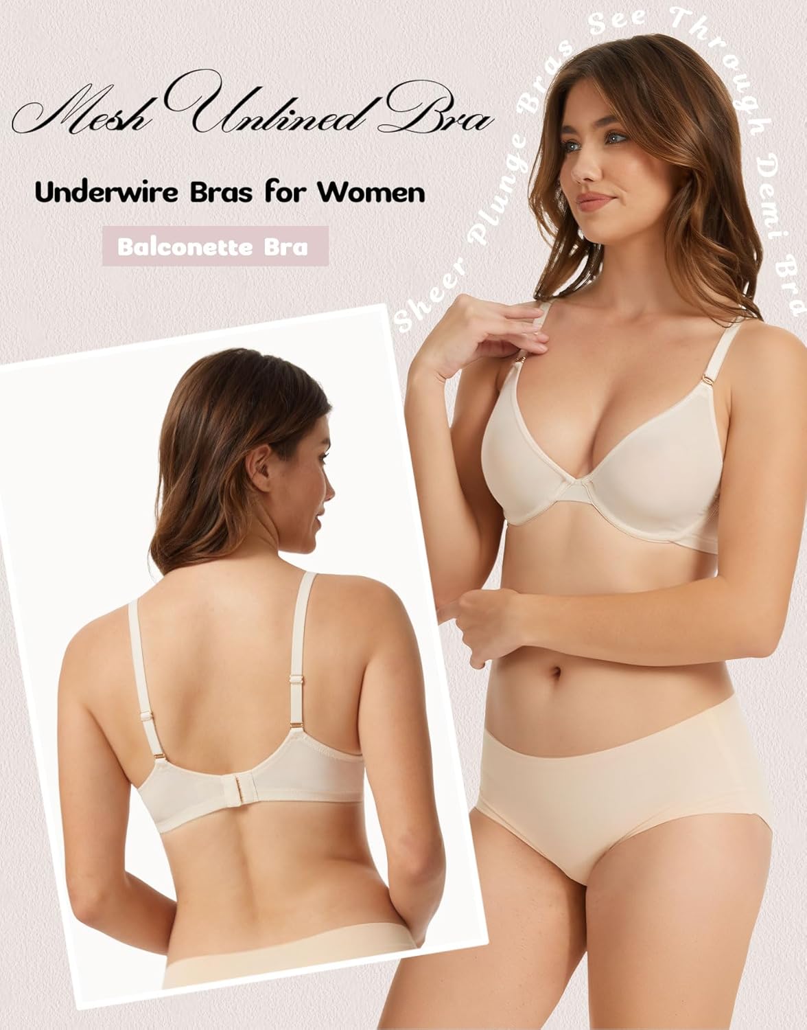 Demi Bras for Women Plunge Unlined Sheer Balconette Bra Mesh See Through Seamless Push Up Bra Wired Comfort No-Pads - Image 2