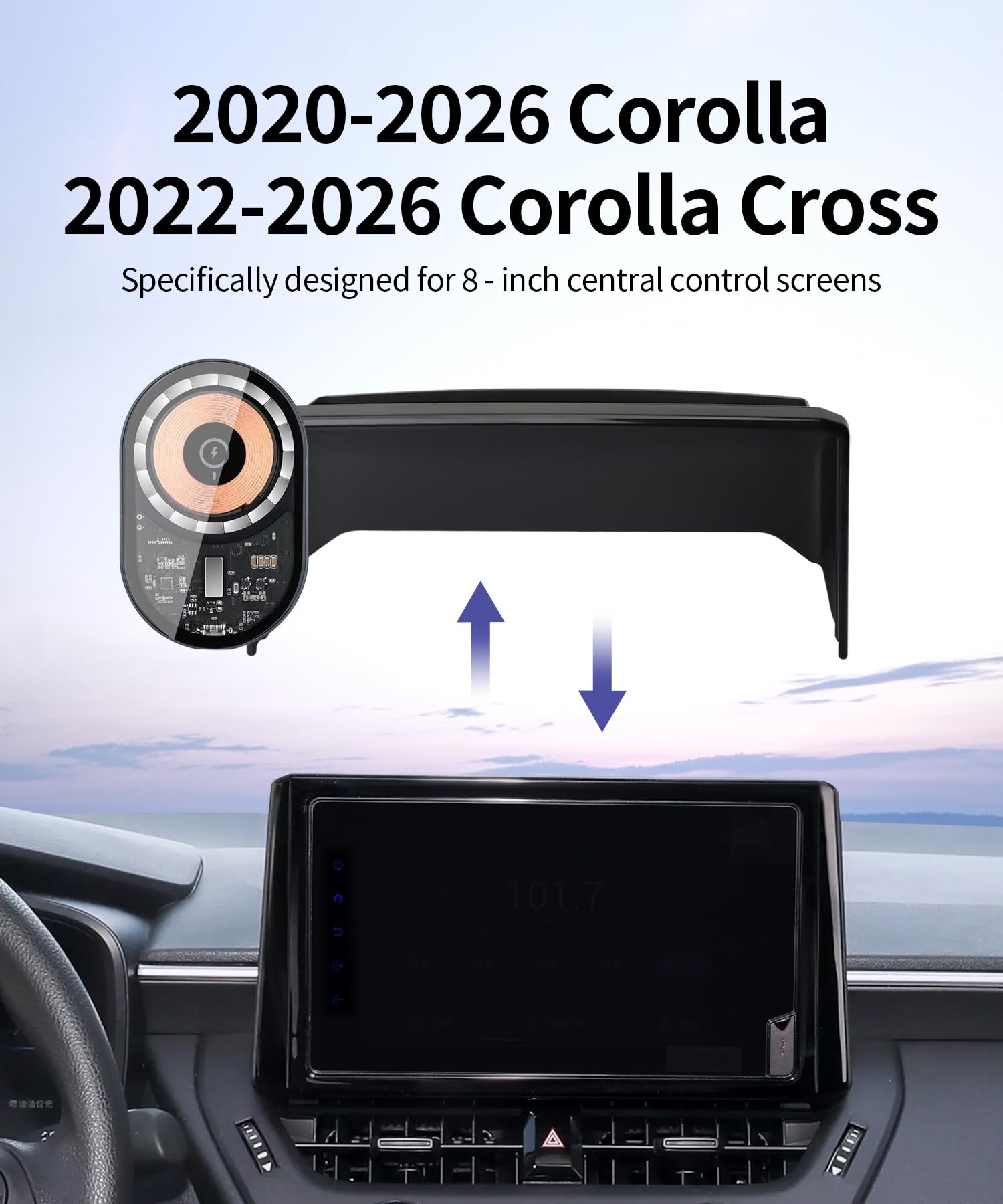 Uchwyt samochodowy do bezprzewodowego ładowania do Toyota Corolla/Hybrid 2020-2026 / Corolla Cross 2022-2026, 20.3 cm ekran stały klips, obrót o 360°, uchwyt samochodowy kompatybilny z