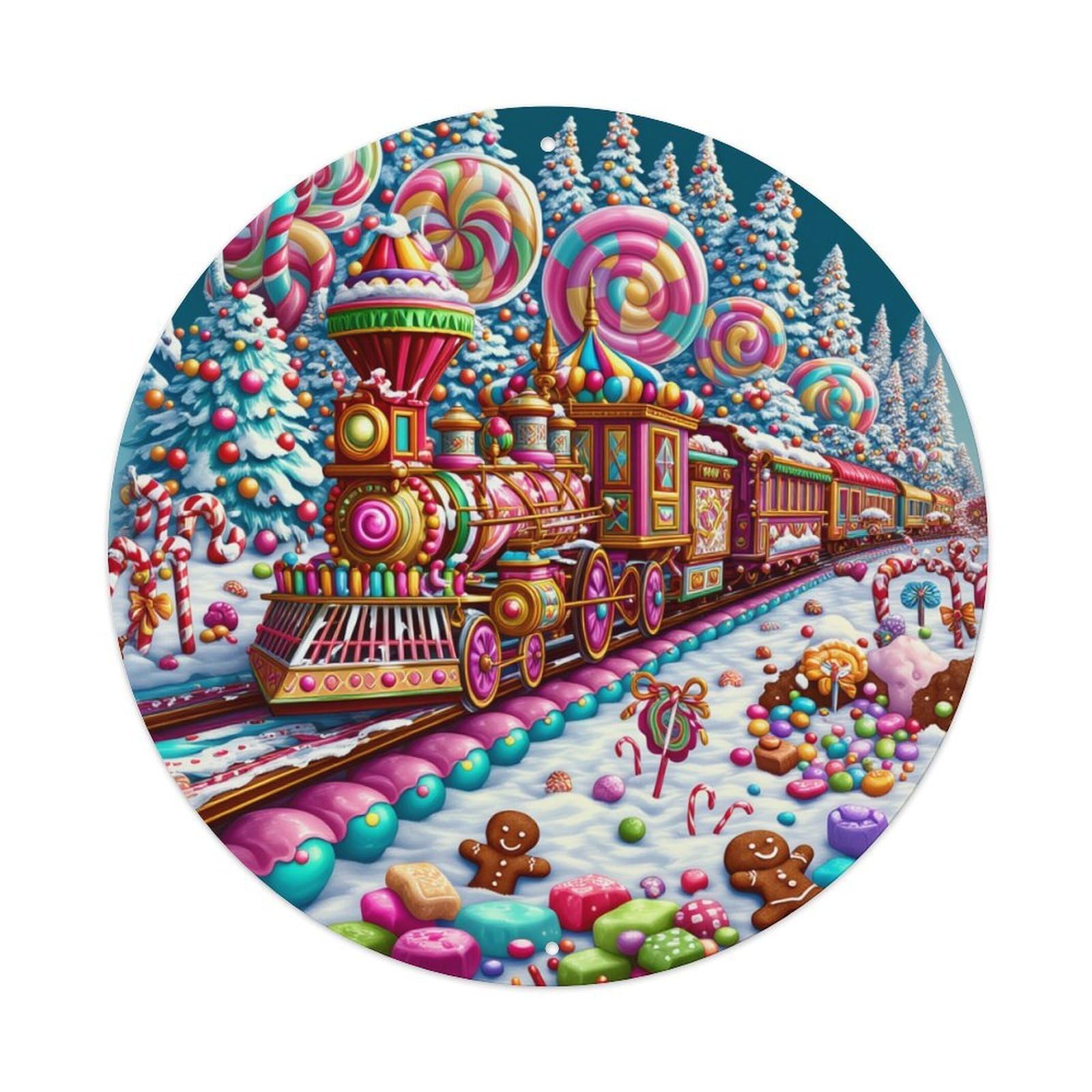 Candy Train Winter Wonderland Scene Round Tin Sign Vintage Metal Poster, Home Bar Garage Man Cave Cafe Indoor & Outdoor Wall Decoration 8x8Inches