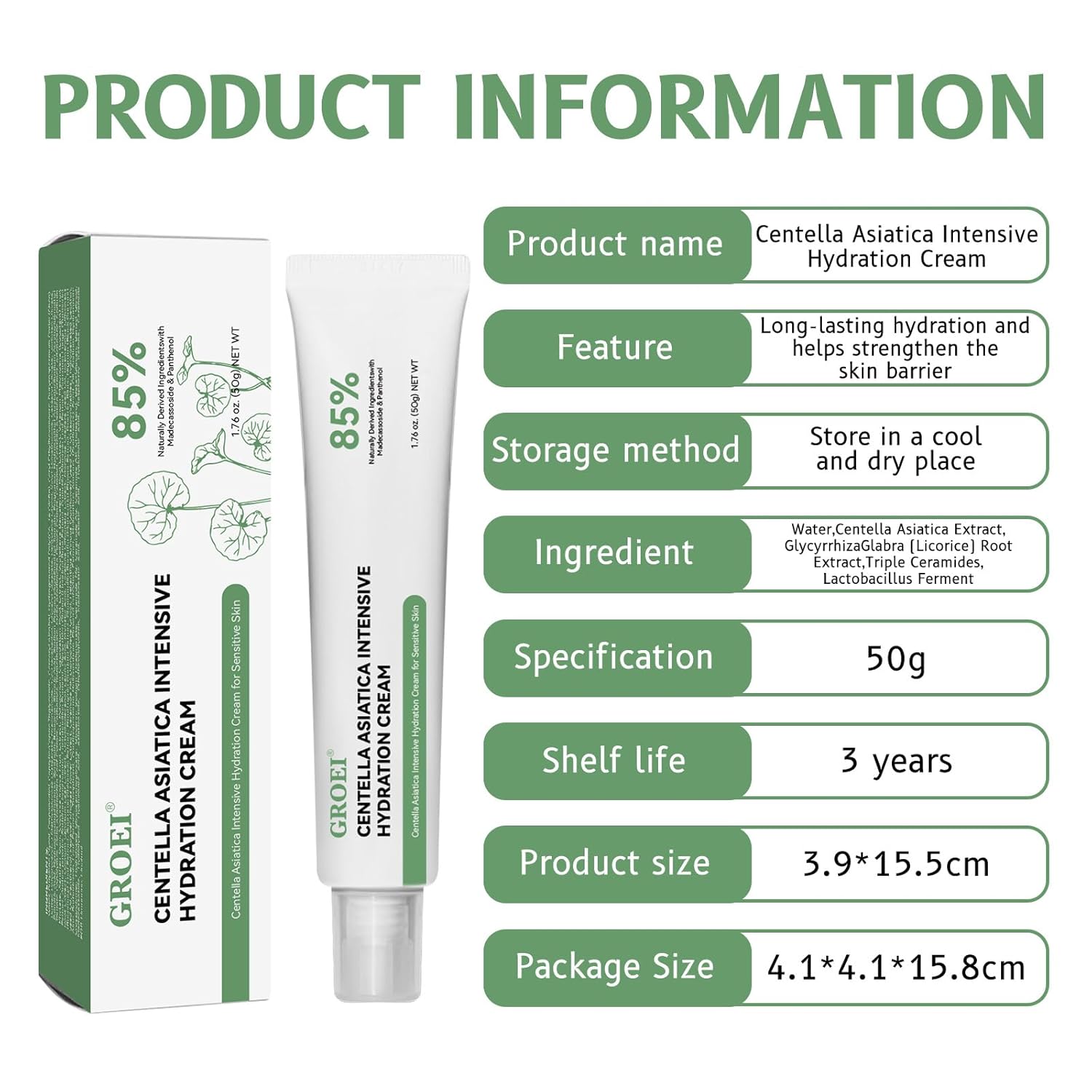 Centella Asiatica Intensive Hydration Cream, 85% Natural Ingredients, Long-Lasting Moisturizer for Sensitive Skin, 50g - Image 3