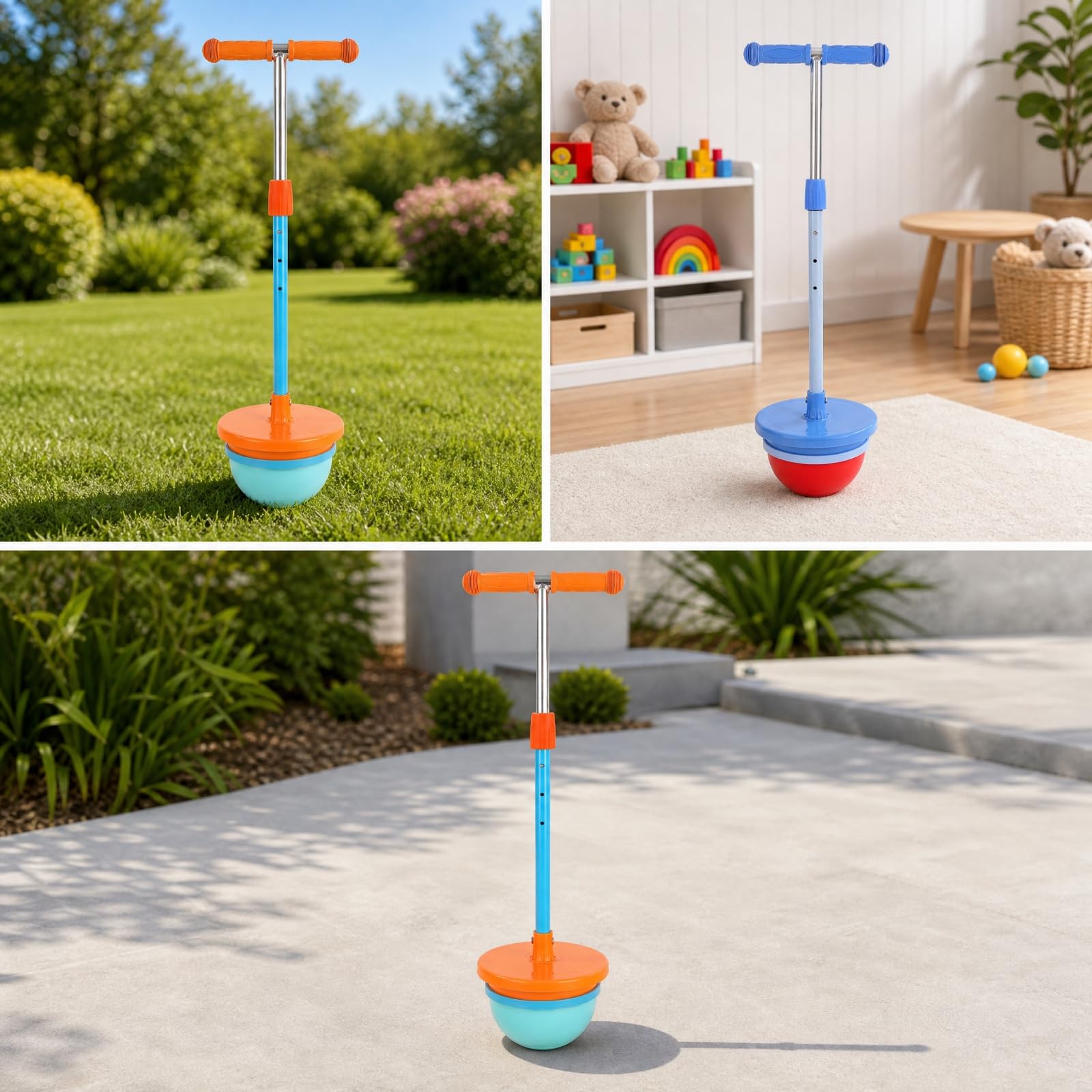 kowaku Pallone Rimbalzante con Impugnature Testurizzate Regolabile Giocattolo con Piattaforma e Manubrio Resistente Palla Saltante Maniglie per Esterno, Arancione